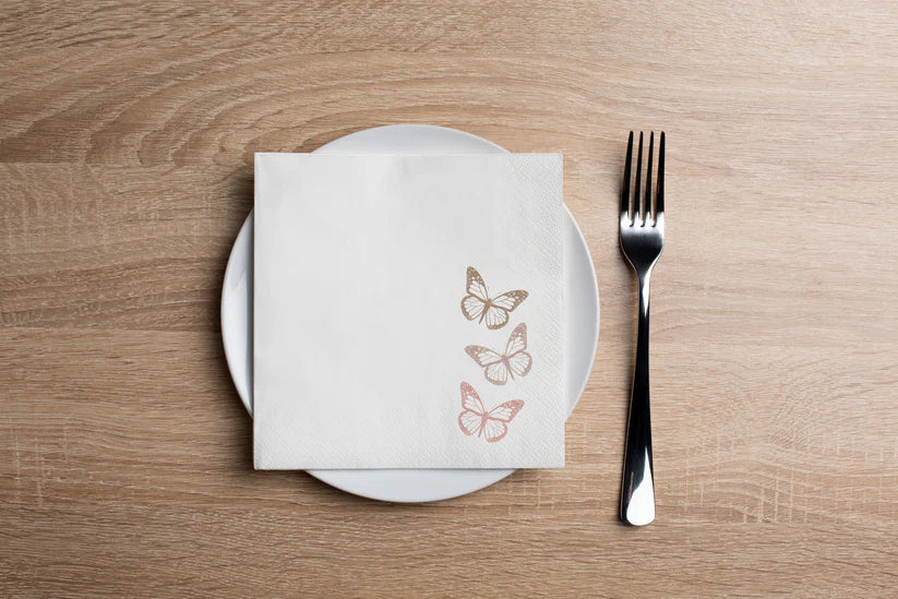 Disposable Paper Cocktail Napkins 16 Pack - Elegant Butterfly Trio Design for Parties, Weddings & Home Entertaining