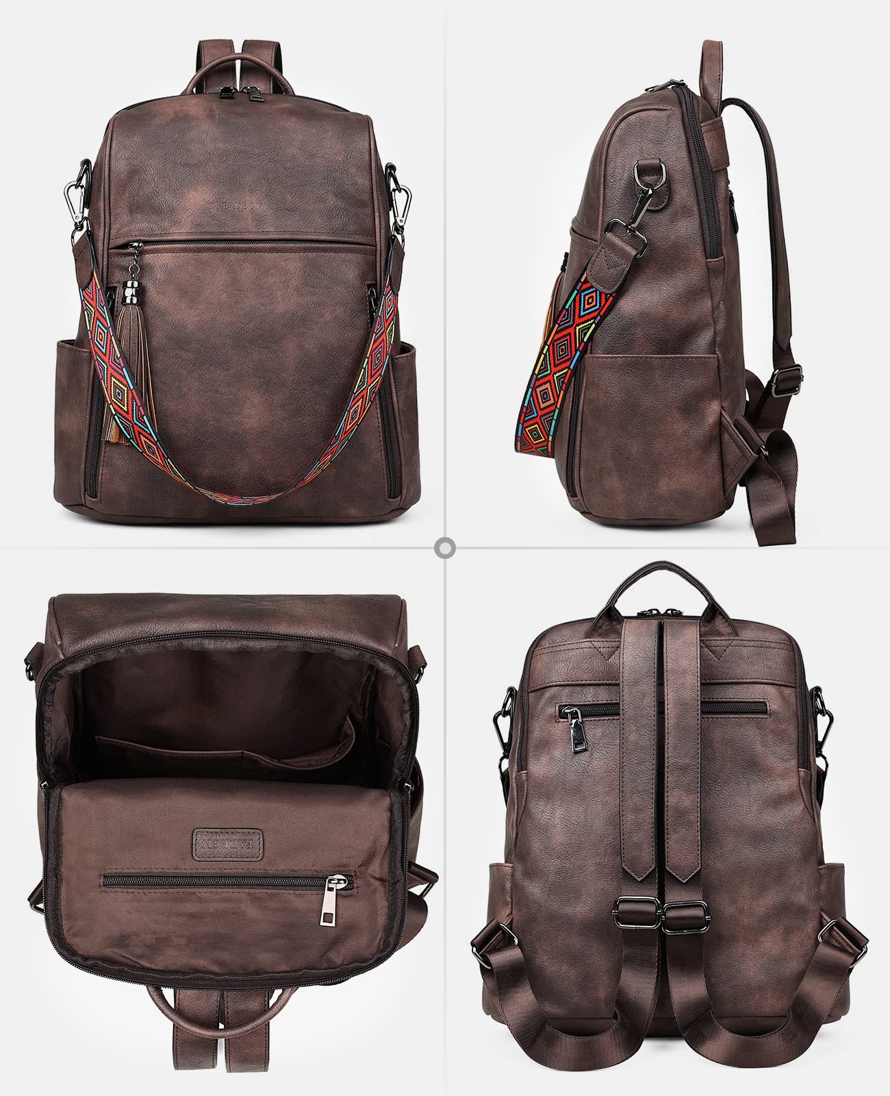 FADEON Women's Leather Backpack Purse - Stylish PU Travel Backpack with Tassel in Coffee Brown | Perfect for Work, College & Weekend Getaways