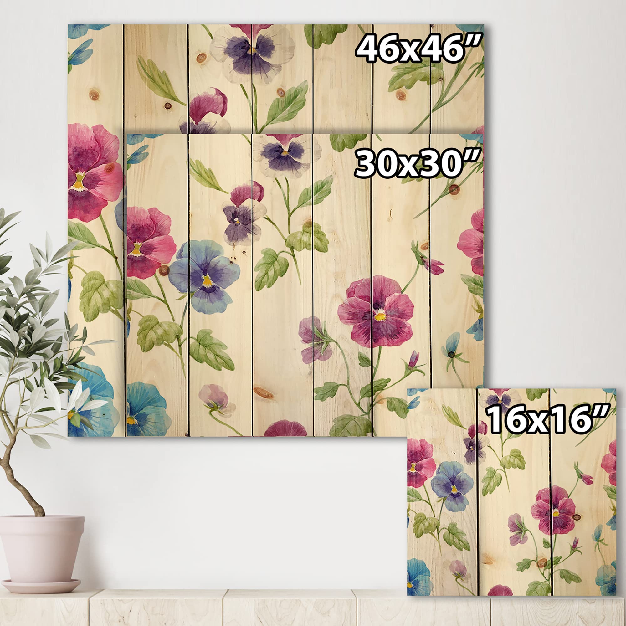 DesignQ Pink and Blue Pansy Flowers Traditional Wood Wall Decor - Large Floral Pine Wood Art Panel for Living Room, Bedroom, and Office Decoration
