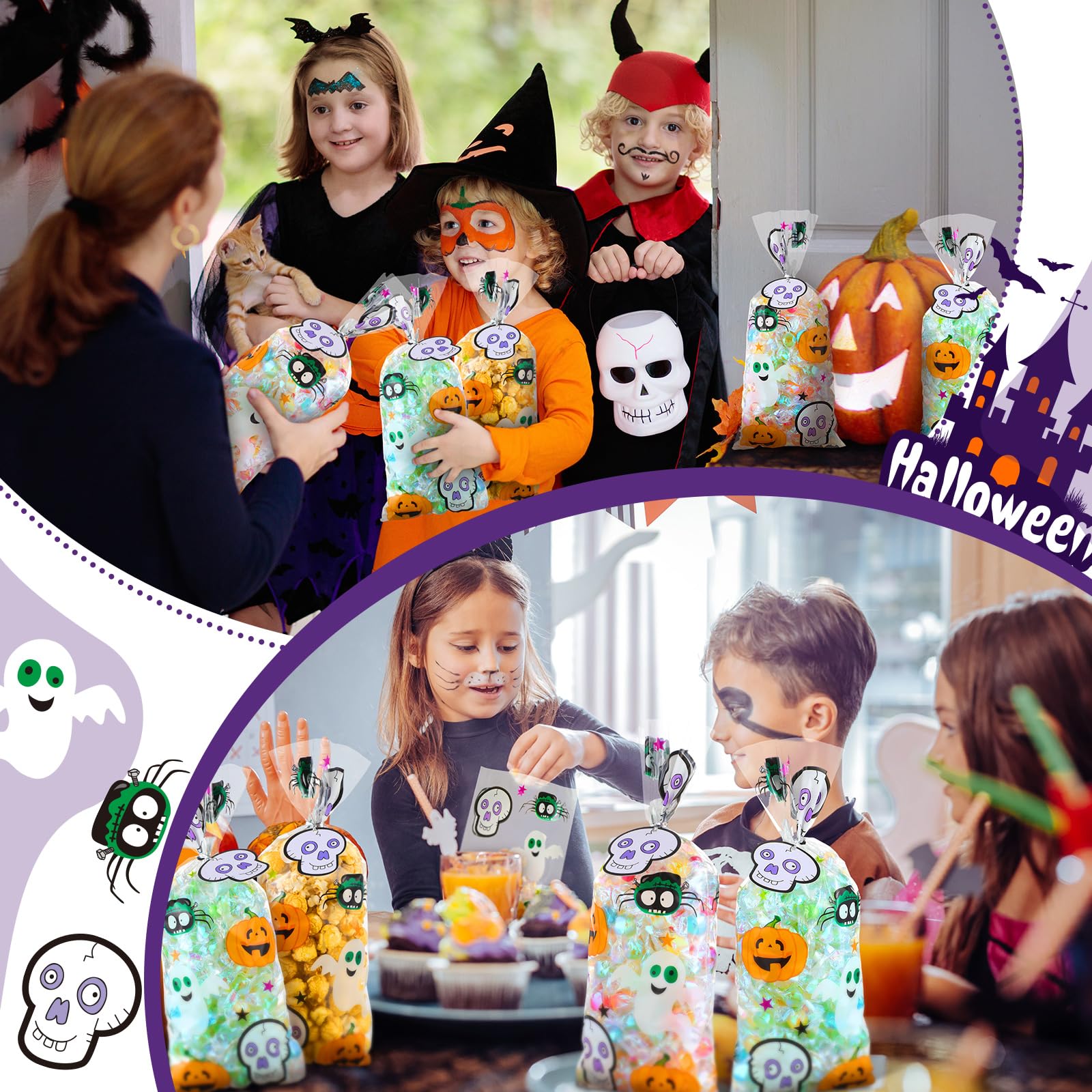 150-Pack Halloween Cellophane Candy Treat Bags - Pumpkin, Spider, Ghost & Bat Design - Bulk Goodie Bags with Twist Ties - Perfect for Halloween Party Favors, Trick-or-Treating & Classroom Treats