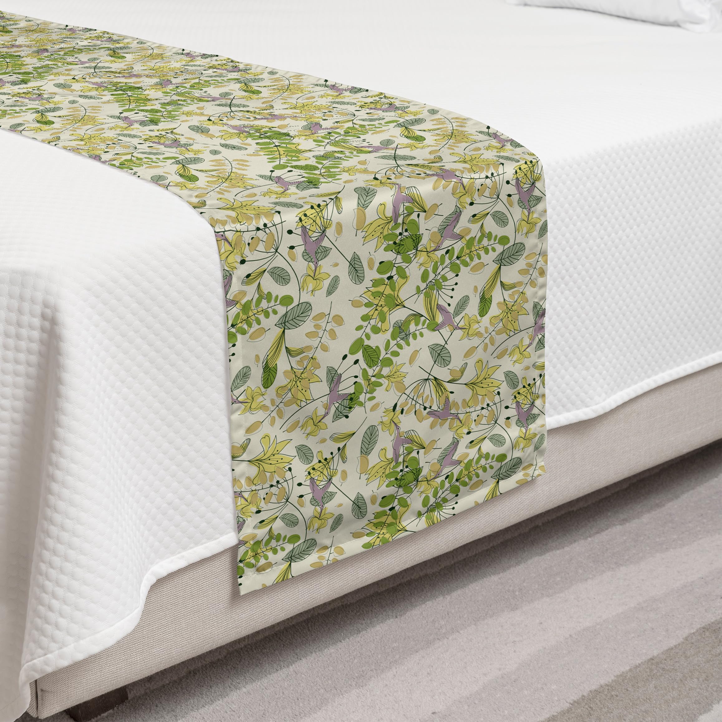 Ambesonne Floral Bed Runner - Pastel Spring Nature Theme with Hummingbirds | Decorative Bed Scarf for Hotels, Homes & Guest Rooms | Perfect for Spring Bedroom Decor, Wedding Accents & Cozy Home Staging
