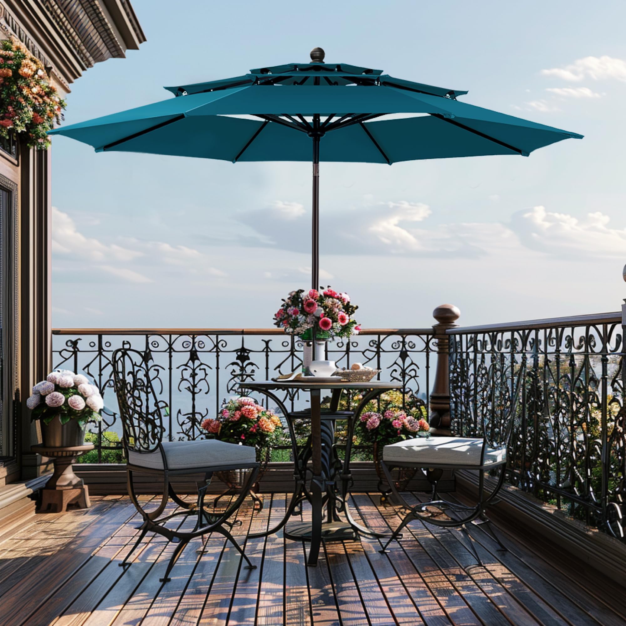 GREEN PARTY 10ft Outdoor Patio Umbrella with Auto-Tilt & Crank - UV Protection Market Umbrella for Garden, Deck, Backyard, Pool - Heavy Duty 8 Ribs & 1.5
