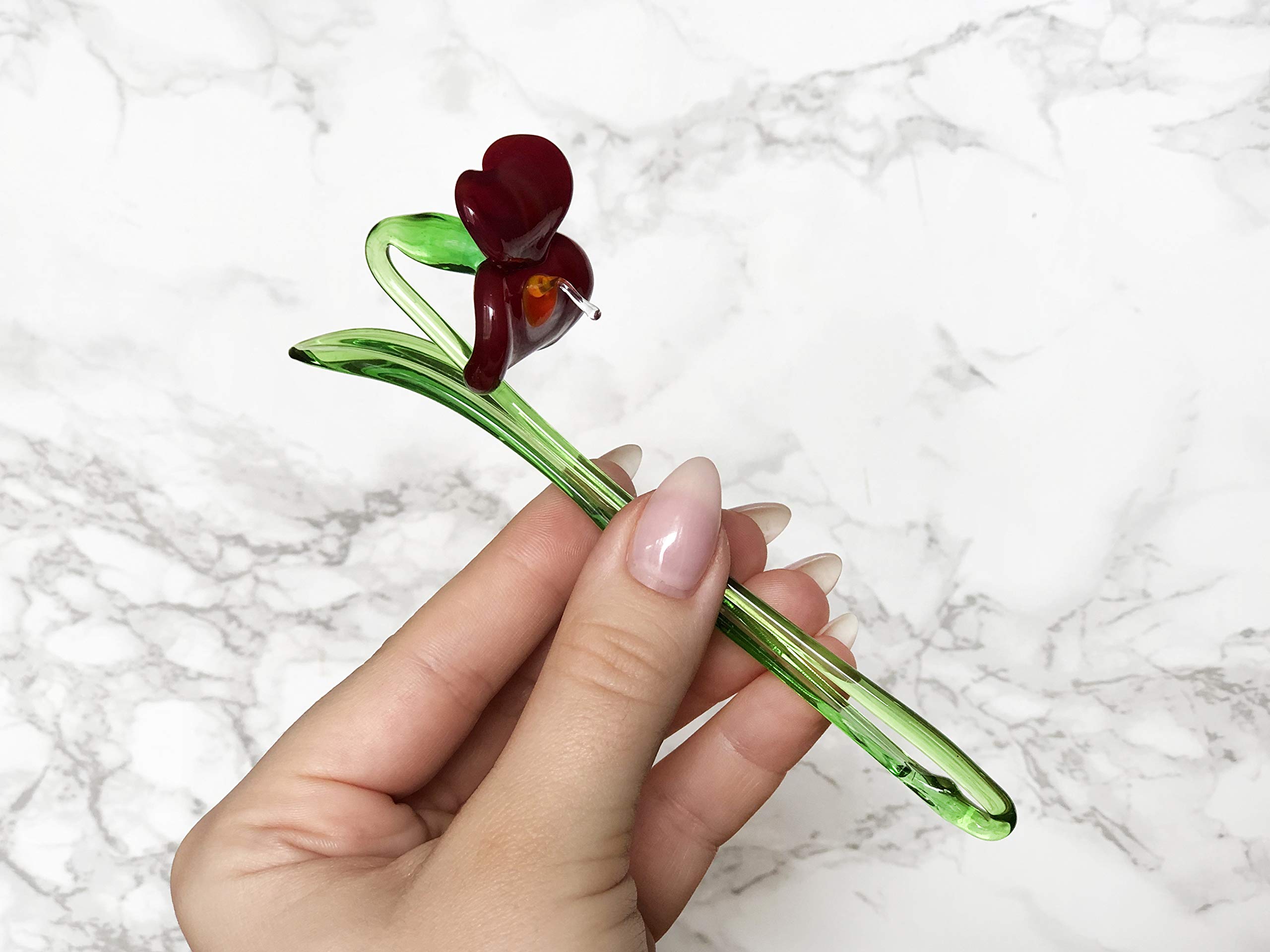 Handmade Red Glass Violet Flower Figurine - Blown Glass Sculpture Art for Home Decor, Garden Ornaments, and Miniature Collectibles | Perfect for Wedding Centerpieces, Tabletop Displays & Gift Giving