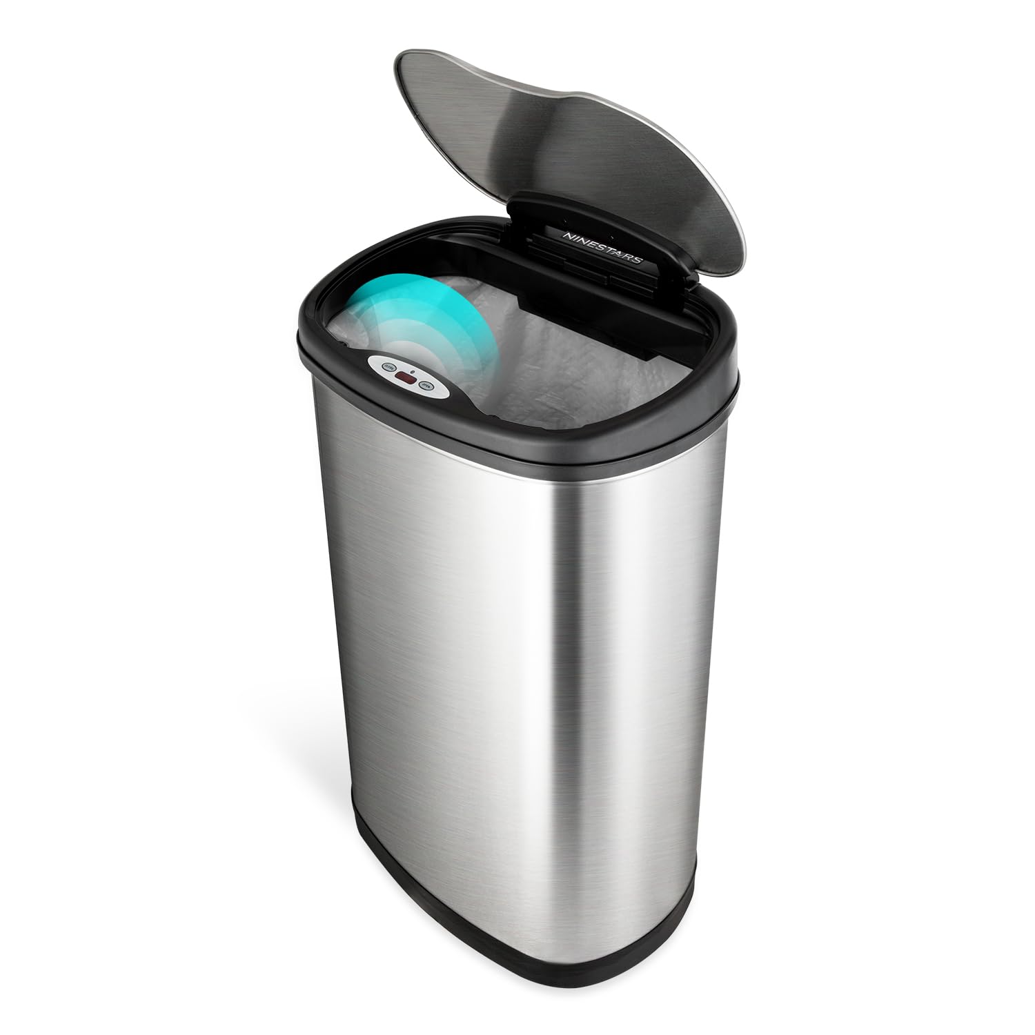 NINESTARS 13 Gallon Automatic Motion Sensor Trash Can with Black Lid - 50L Stainless Steel Kitchen Garbage Bin, Touchless Oval Design for Home, Office & Restaurant Use