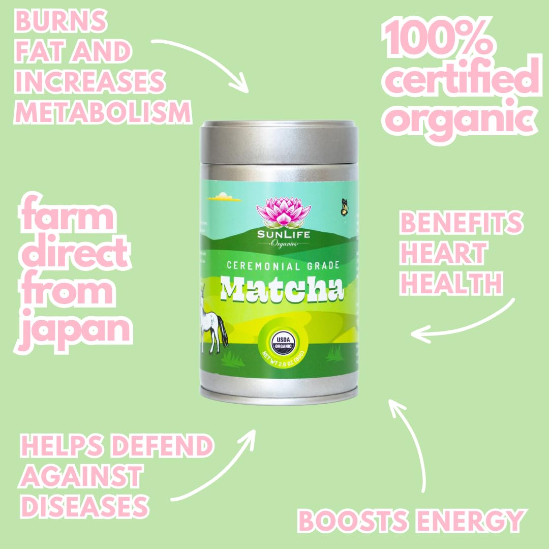 Sunlife Organics USDA Organic Matcha Green Tea Powder (80g) - Premium Japanese Culinary & Ceremonial Grade Matcha - For Lattes, Baking & Traditional Tea Ceremonies