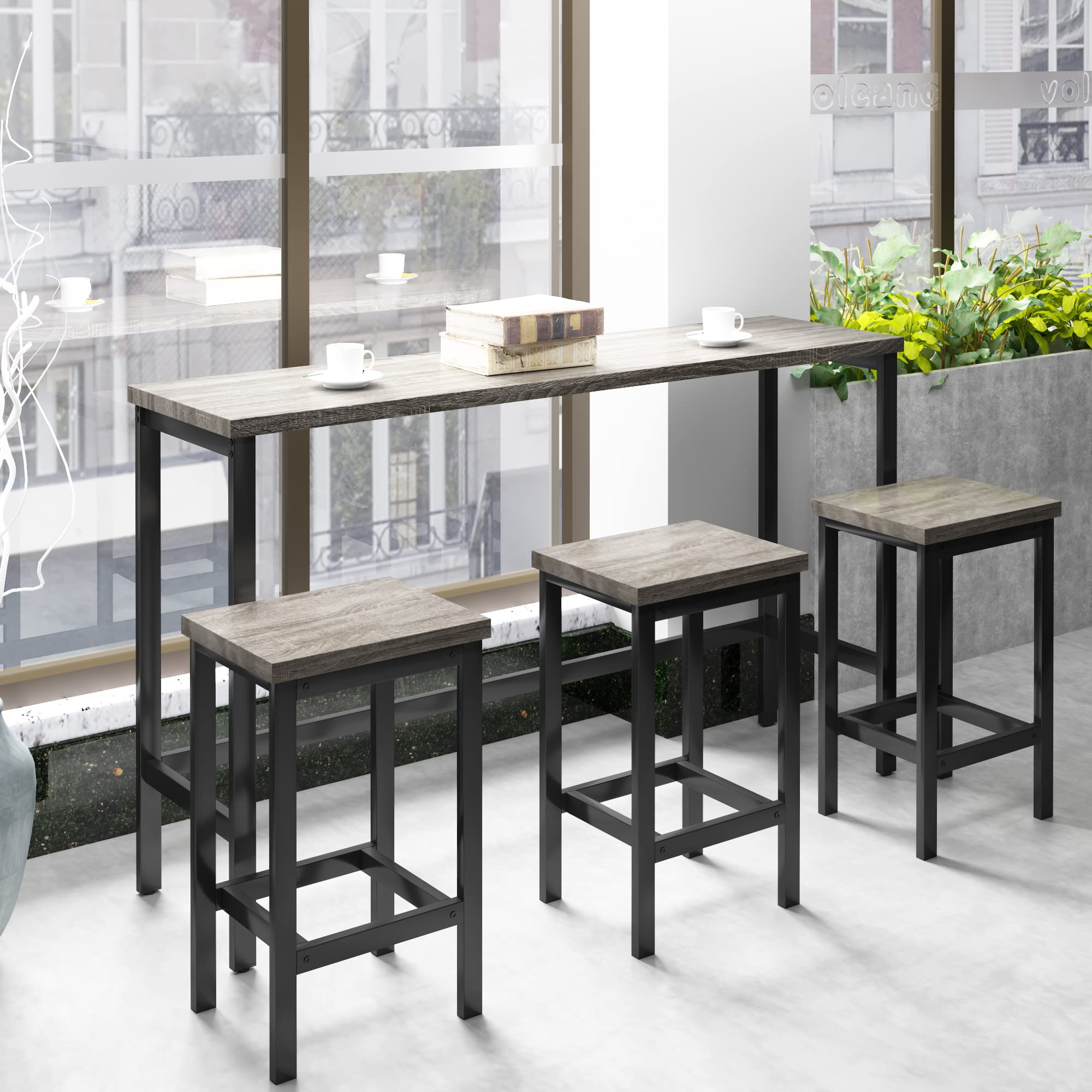 **Merax 4-Piece Dining Table Set with 3 Stools & Footrest - Modern Gray Kitchen & Living Room Bar Table for Small Spaces, Breakfast Nooks & Apartments**