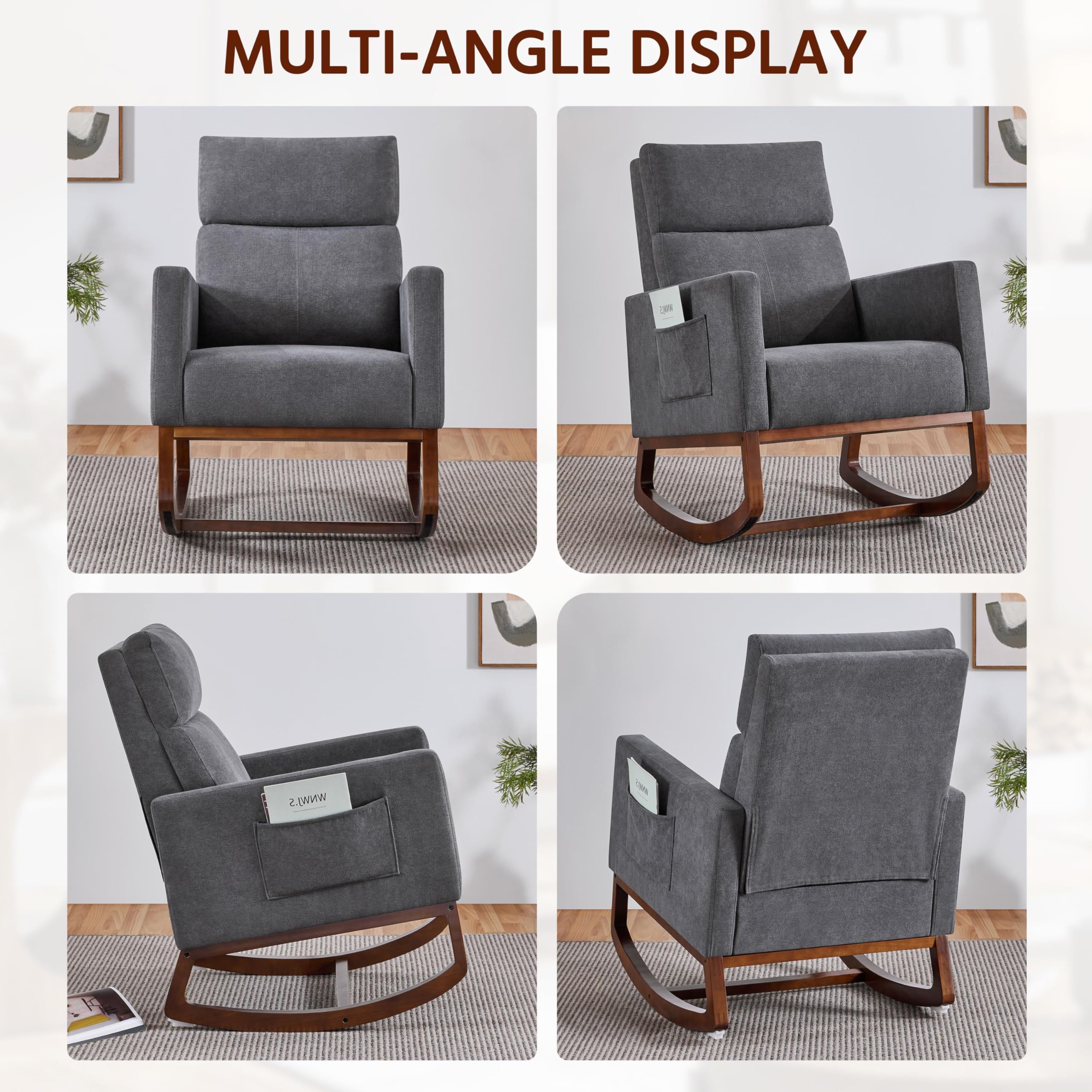 Yaheetech Upholstered Nursery Rocking Chair with Side Pocket - High Backrest, Rubber Wood Legs - Glider Rocker for Living Room, Bedroom, Nursery - Gray (2-Pack) - Perfect for Nursing, Relaxing & Nursery Decor