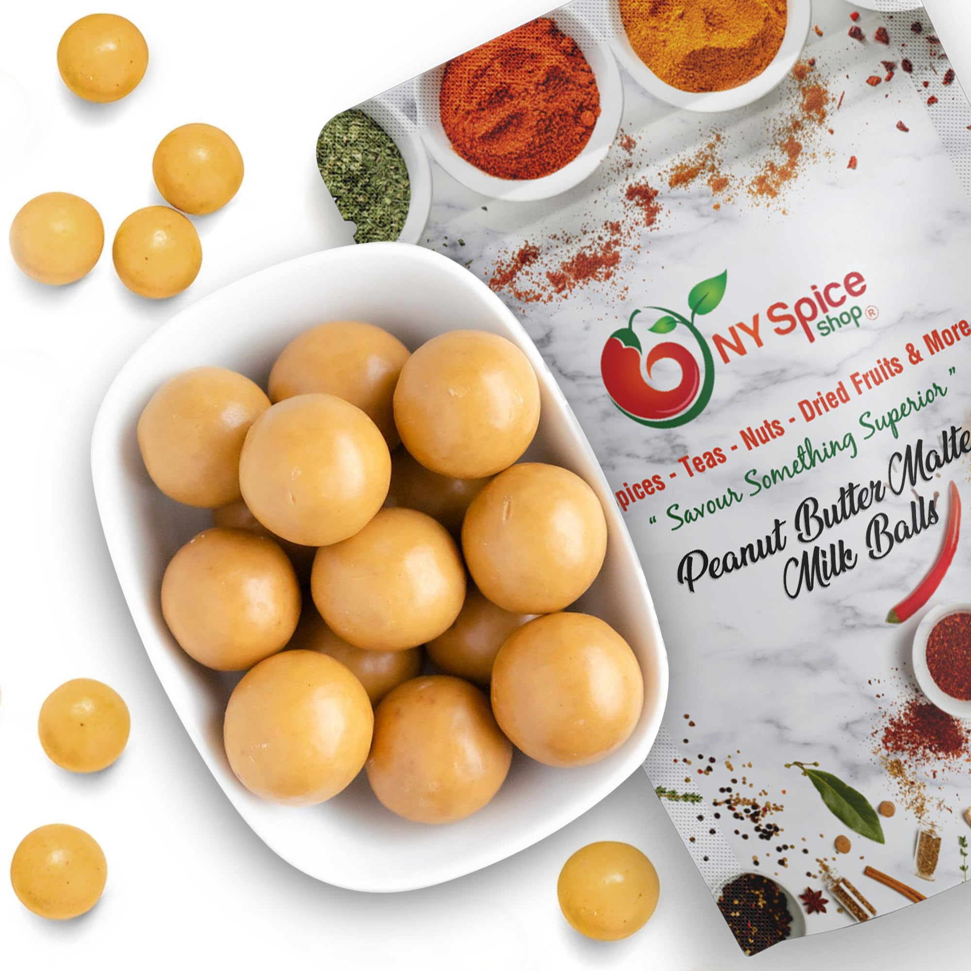 NY Spice Shop Peanut Butter Chocolate Malt Balls - 8oz Malted Milk Candy for Parties, Birthdays & Holidays - Dark Chocolate Snacks for Gifts, Movie Nights & Office Treats