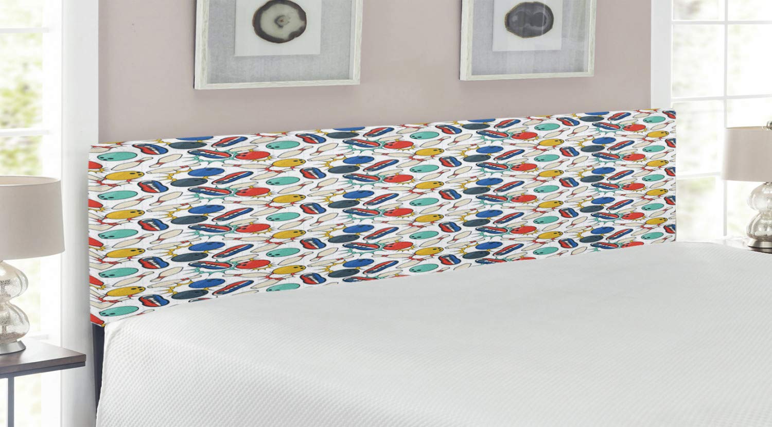 Ambesonne Bowling Themed Headboard - Retro Color Doodle Design with Notebook Sheet Backdrop, Ball Pins & Shoes - Upholstered Decorative Metal Bed Frame with Memory Foam - King Size Multicolor Headboard for Bedroom Decor | Perfect for Bowling Enthusiasts & Vintage Style Lovers