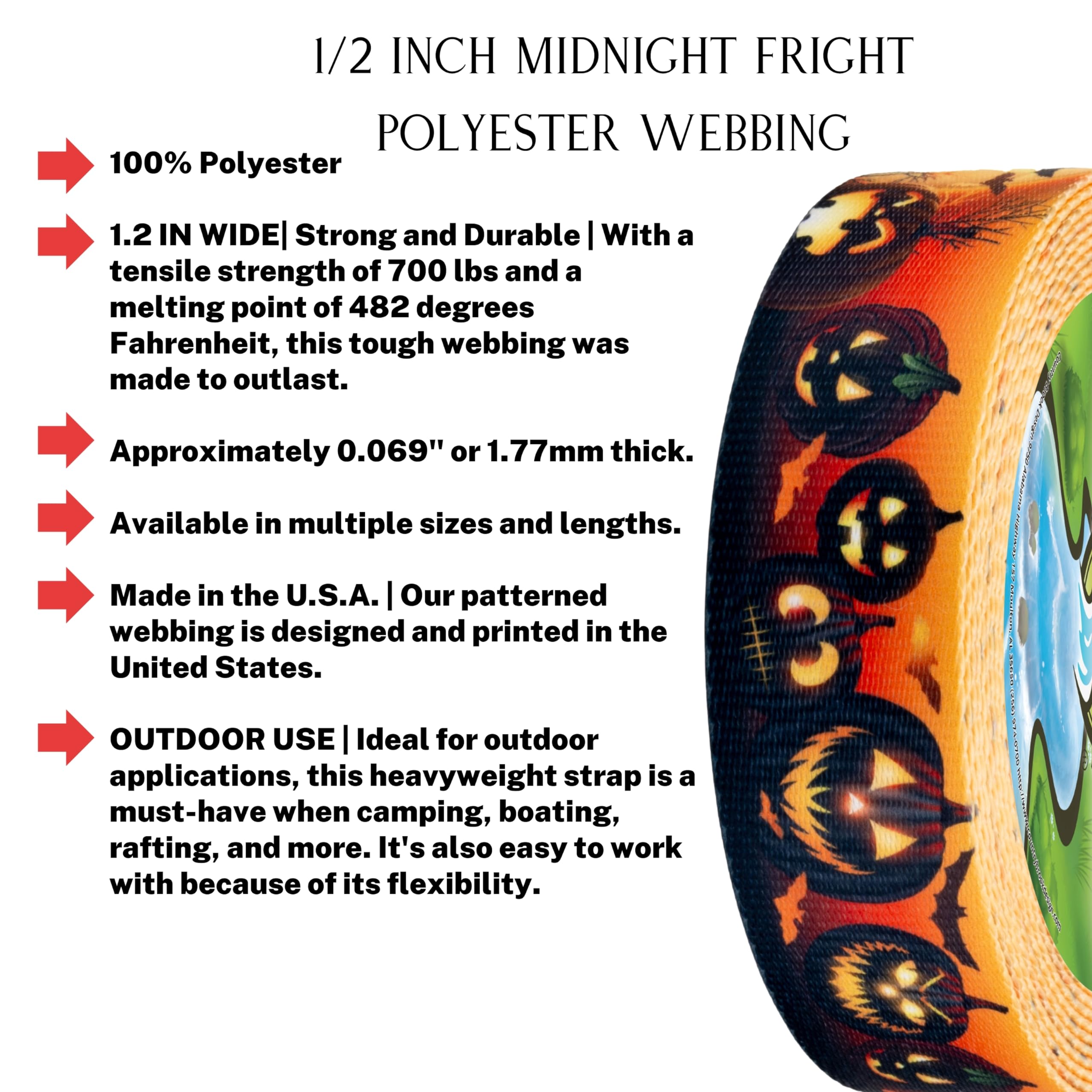 Country Brook Design - Midnight Fright Polyester Webbing for Dog Collars, Pet Leashes & DIY Crafts - Durable Halloween-Themed Nylon Strap for Costume Accessories and Sewing Projects