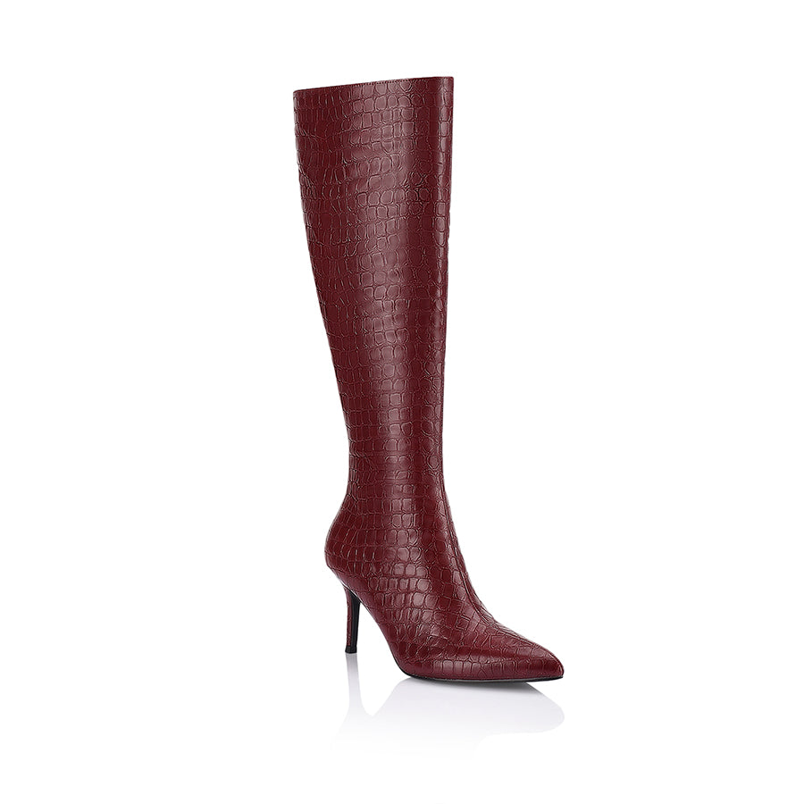 Bessie Women's Knee High Tall Boots - Wine Red Crocodile Embossed Leather - Stylish & Comfortable for Fall, Winter & Casual Outfits