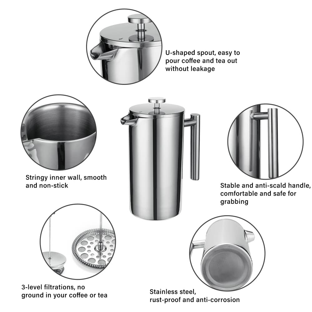 Premium French Press Coffee Maker - 304 Stainless Steel Thermal Coffee & Tea Press with 3 Filters (800ml) - Anti-Scald Handle & Rust-Proof Design - Ideal for Home, Office, Camping & Gifts