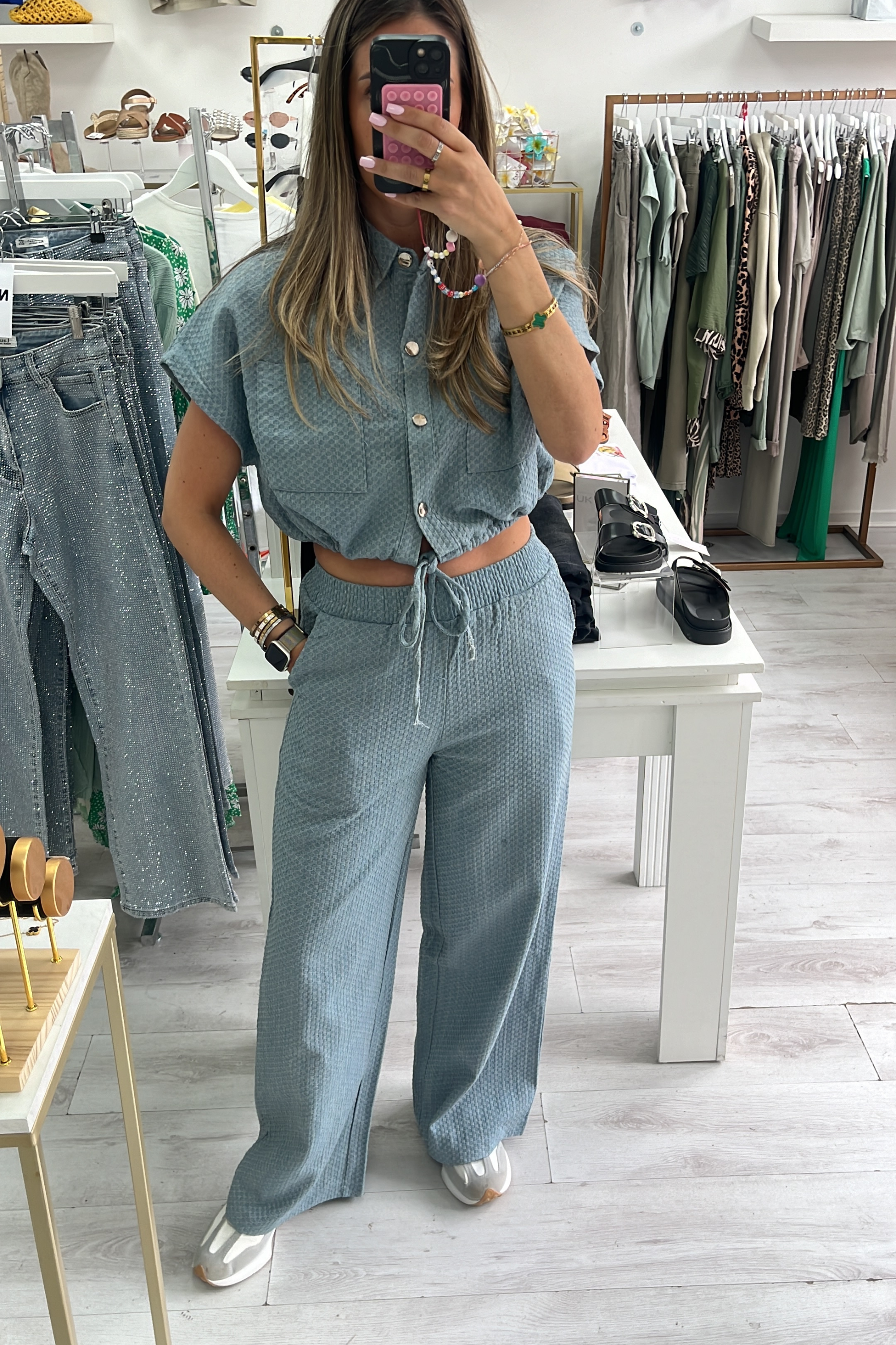 Stylish Denim Look Textured 2 Piece Outfit Set for Women - Casual Streetwear & Party Wear