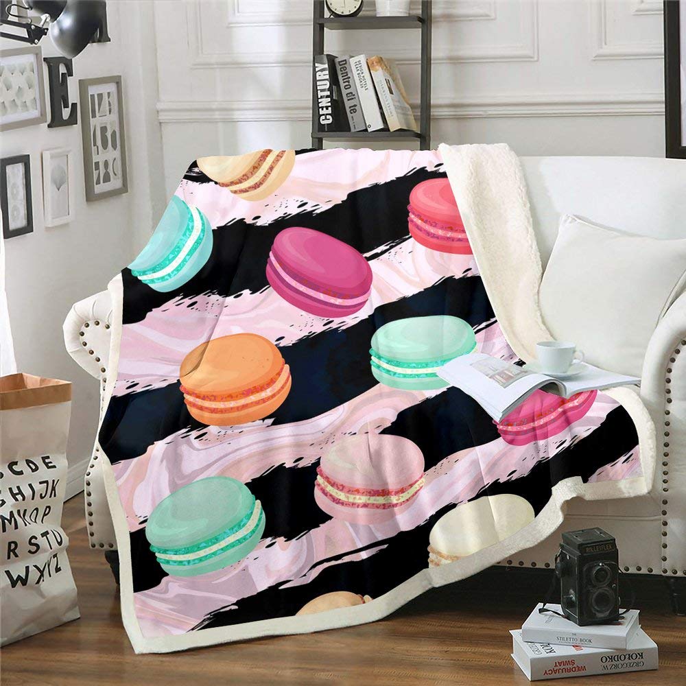 Soft Striped Sherpa Throw Blanket - Macaron Colorful Plush Blanket for Couch, Sofa & Bed - Pink and Black Cozy Sherpa Blanket Queen Size (90