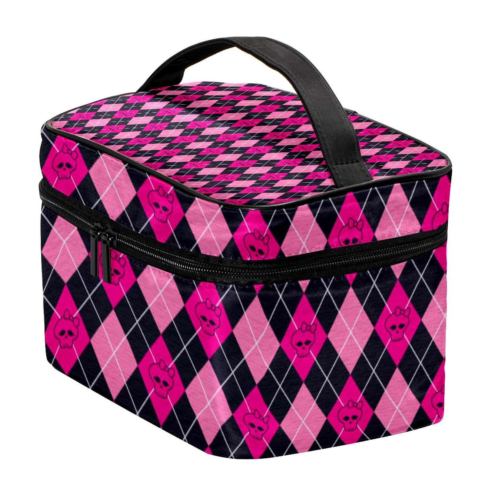 Stylish Pink Skull & Geometric Print Large Travel Makeup Bag - Waterproof Cosmetic Organizer with Zipper for Women & Girls | Perfect for Vacation, Gym, Daily Use