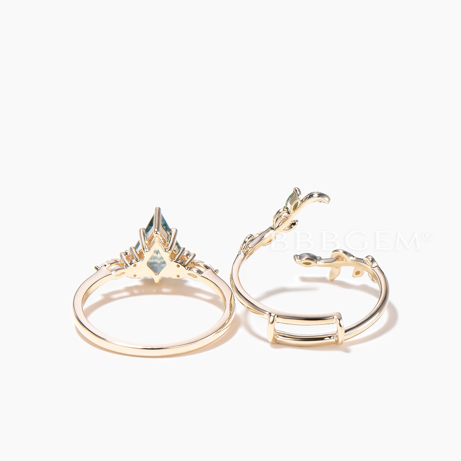 Twig Nature Inspired Moss Agate Leaf Ring Set - Kite Cut Gemstone Wedding Band for Brides, Nature Lovers & Boho Style (Perfect for Outdoor Weddings, Nature-Themed Events & Everyday Boho Fashion)
