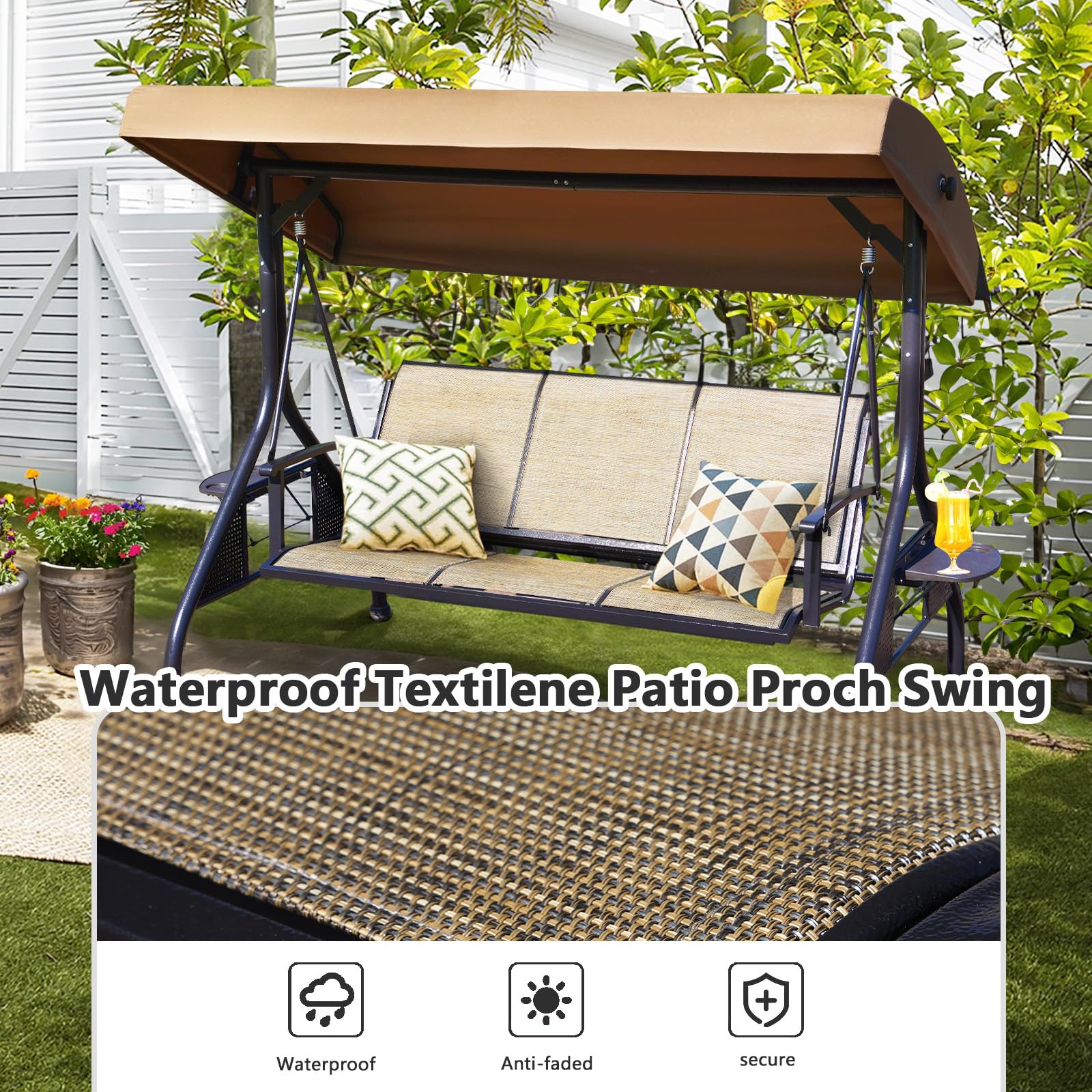 NOBLEMOOD 3-Seater Outdoor Patio Swing with Adjustable Canopy & Stand - Waterproof Textilene Hanging Chair with Cup Holders for Backyard, Garden, Porch - Perfect for Relaxing, Lounging & Outdoor Entertaining