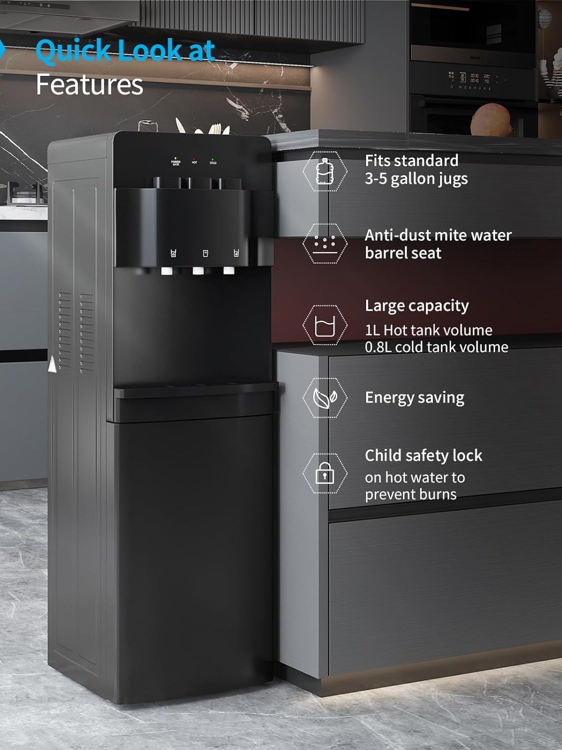 TABU Bottom Loading Water Cooler Dispenser - 3 Temperature Settings (Hot, Cold, Room) with Child Safety Lock & Anti-Scalding Design for 3/5 Gallon Bottles - Perfect for Home, Office & Kitchen (Black)