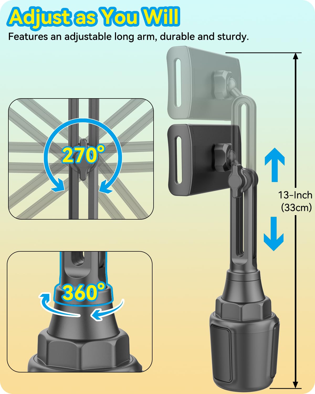 Adjustable Car Cup Holder Mount for iPad & Samsung Tablets (5-11