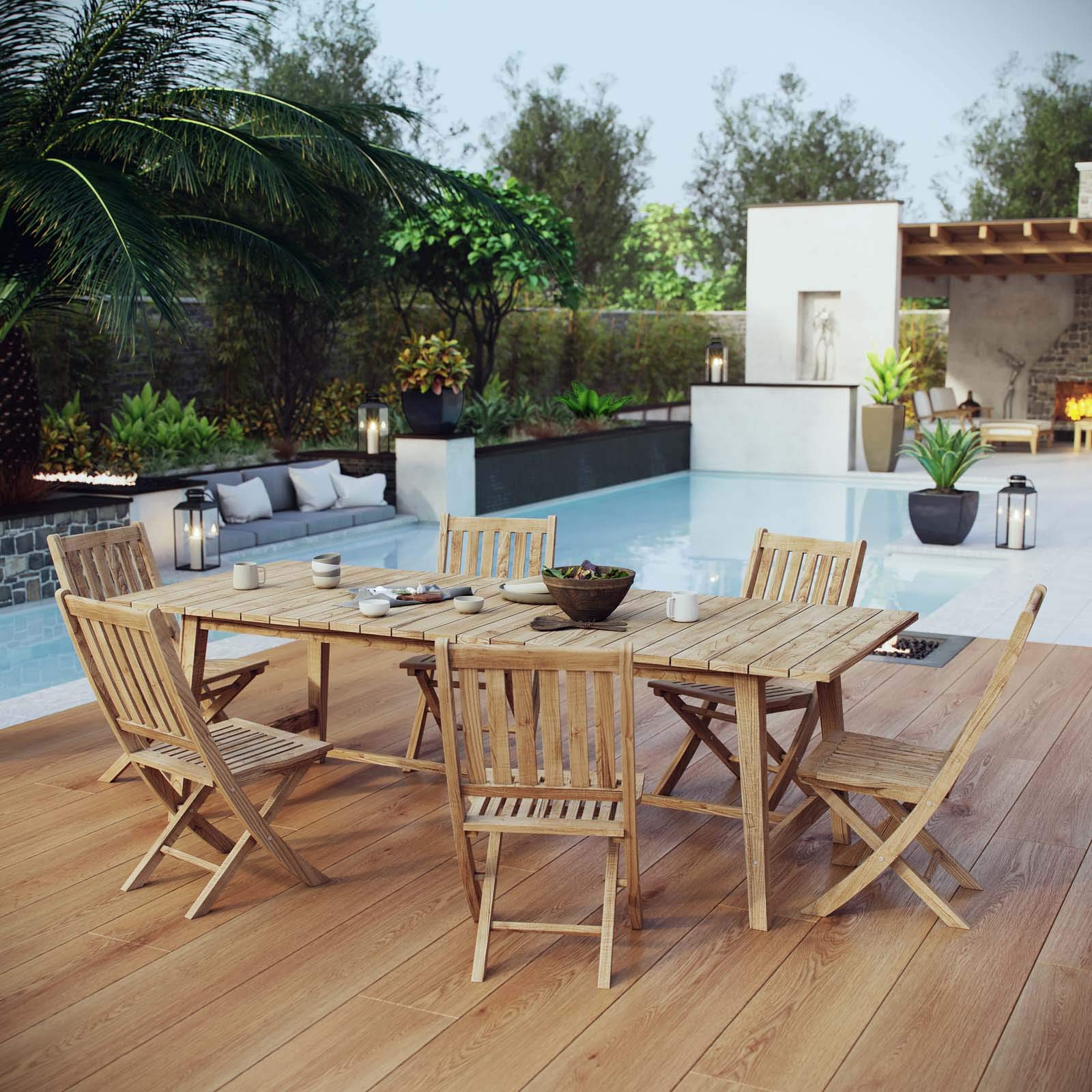 Modern Contemporary Outdoor Patio Dining Set - Wooden Balcony Garden Side Table & Chairs (Natural Finish) - Perfect for Backyard, Poolside, or Terrace Relaxation