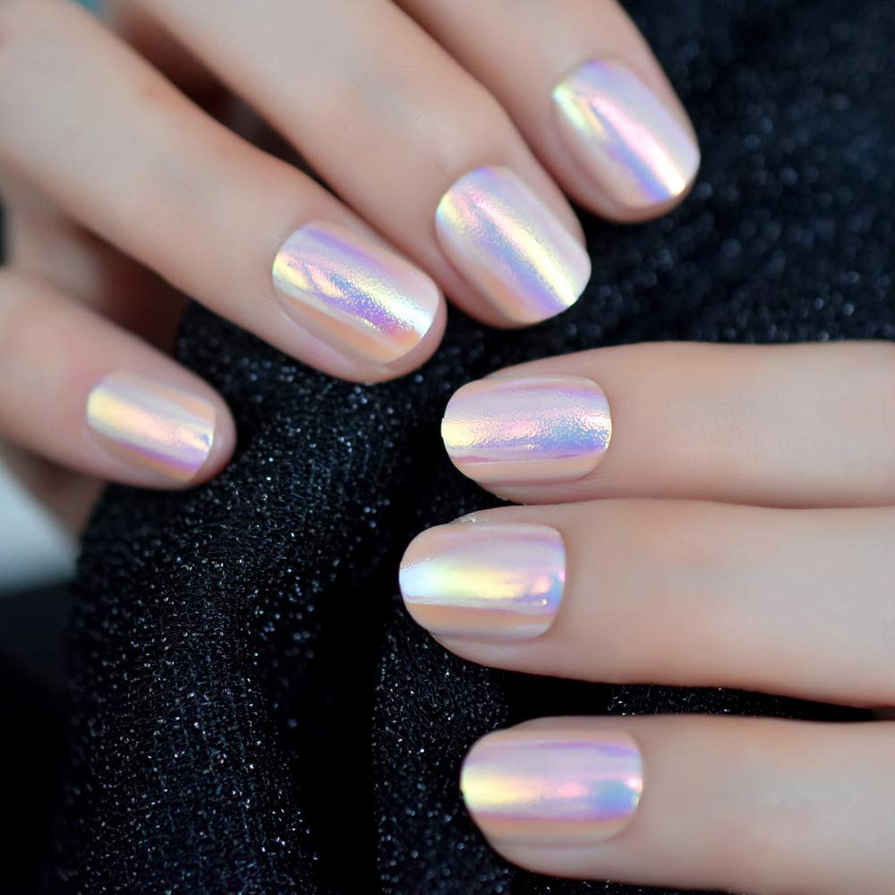 24pcs Unicorn Chrome Press On Fake Nails - Short Iridescent Pink Acrylic False Nails with Glue & Stickers | Full Cover Nail Art Designs for Parties, Weddings, Daily Wear & Special Occasions