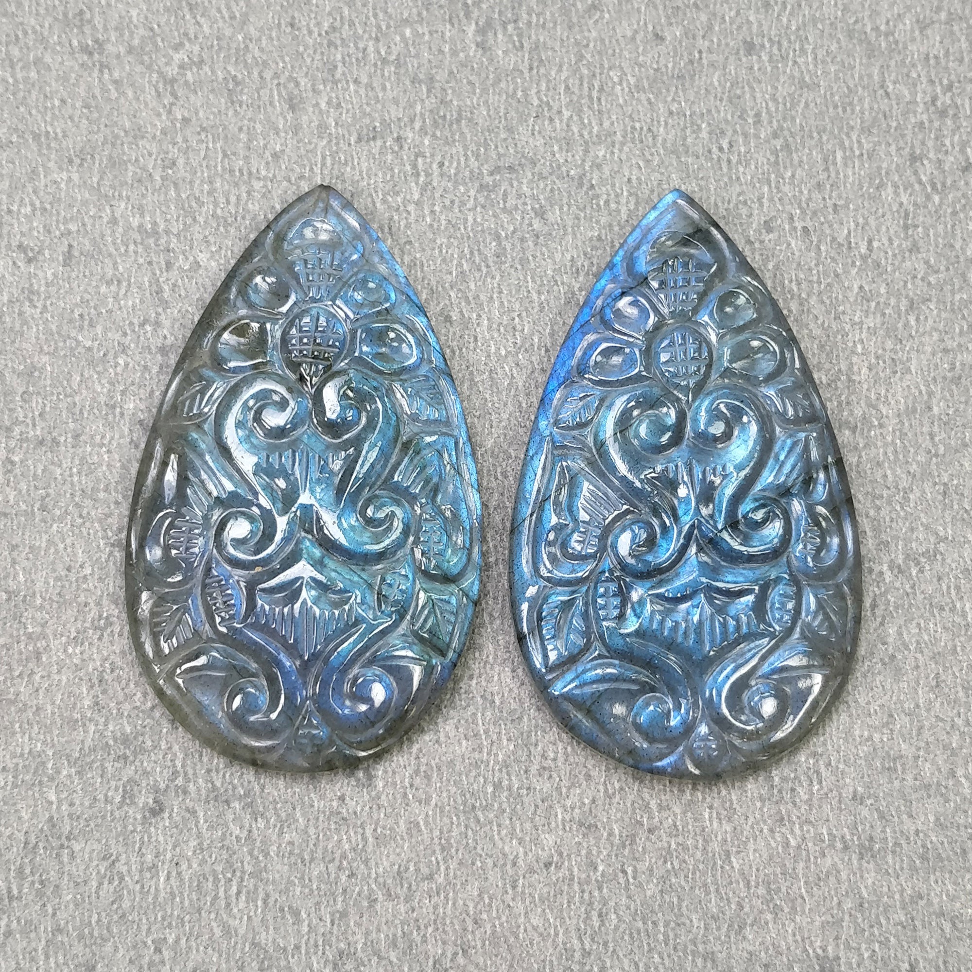 Natural Untreated Blue Labradorite Gemstone Carving - 70.00cts Hand Carved Pear Shape 41x24mm Pair | Genuine Labradorite Jewelry Making Stone | Perfect for Pendants, Earrings & Spiritual Healing (Includes Video)