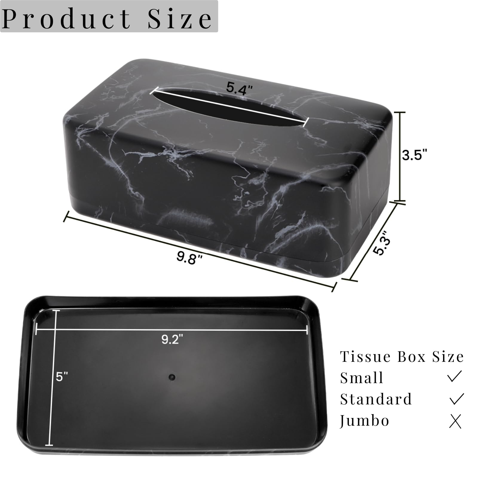 Black Faux Marble Tissue Box Cover - Rectangular Napkin Dispenser Holder for Facial Tissues, Dryer Sheets & Towels | Bathroom, Bedroom, Kitchen & Car Organization | Modern Home & Office Decor