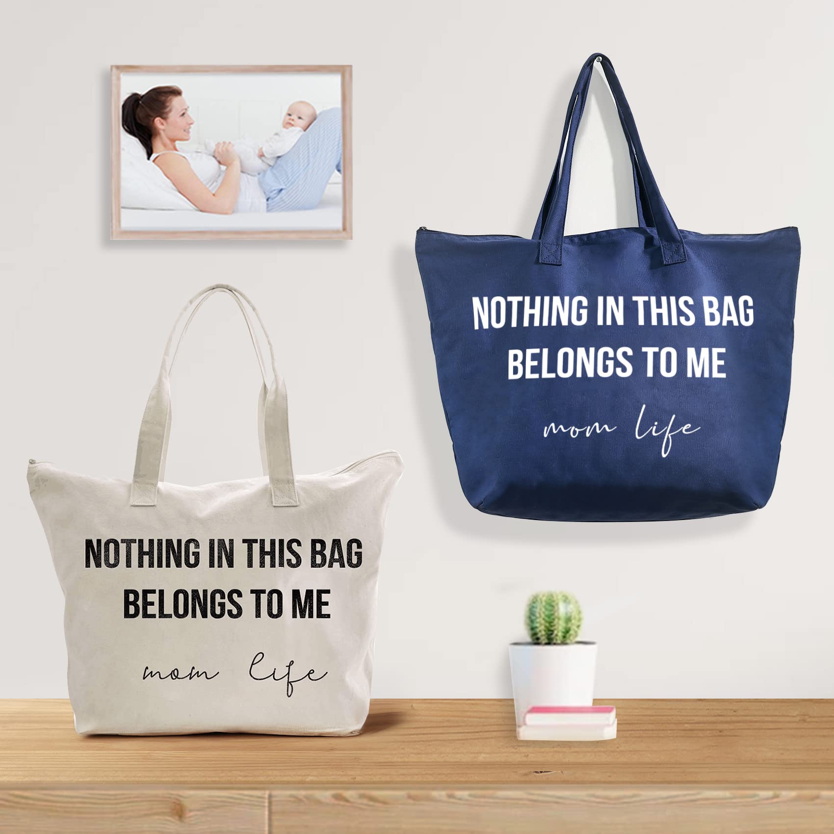 ELEGANTPARK Baby Shower Gift Tote Bag for New Moms - Zippered Canvas Shoulder Bag with Pockets - Perfect for Mother's Day, Christmas, Birthday & Valentine's Day - Ivory Cotton Tote for Diaper Bag, Work Commute & Shopping Essentials