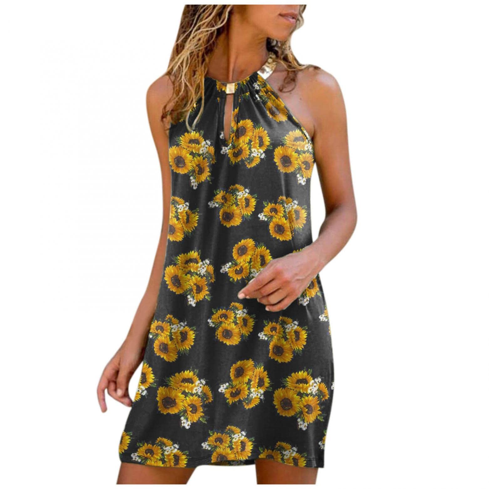 BAGELISE Women's Summer Mini Dress - Casual Halter Neck Sleeveless Boho Beach Sundress for Party, Vacation & Outdoor Activities
