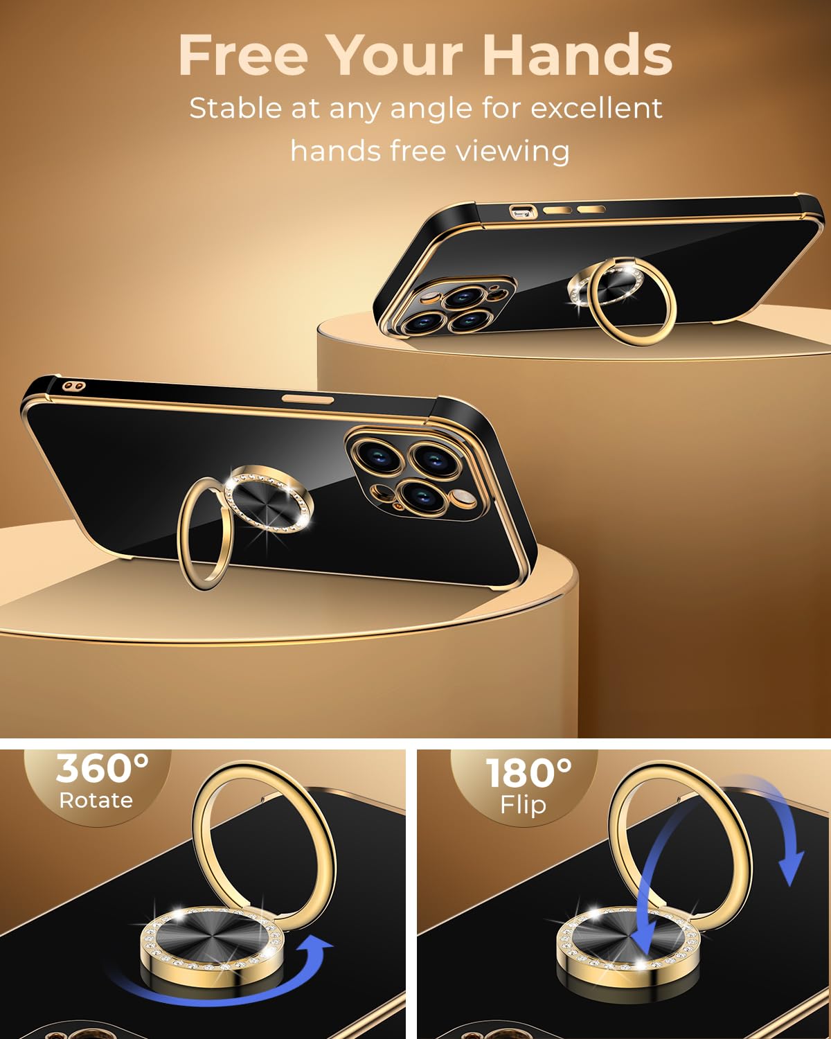 Premium Luxury Electroplated iPhone 15 Pro Case with Ring Holder Stand & Lanyard - Soft TPU Shockproof Protective Cover for Women & Girls (Black) | Perfect for Work, Travel, and Everyday Use