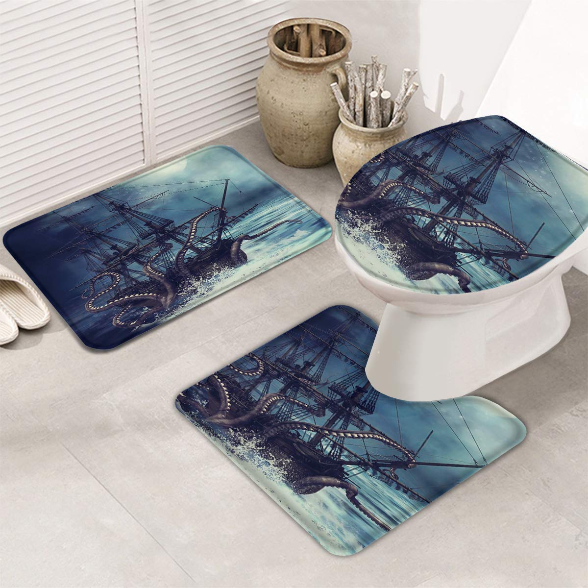 JOOCAR 3-Piece Bathroom Set - Non-Slip Pedestal Rug, Toilet Lid Cover & Bath Mat - Octopus Ocean Kraken Nautical Pirate Ship Design - Soft & Beautiful Home Decor for Coastal, Beach & Pirate Themed Bathrooms