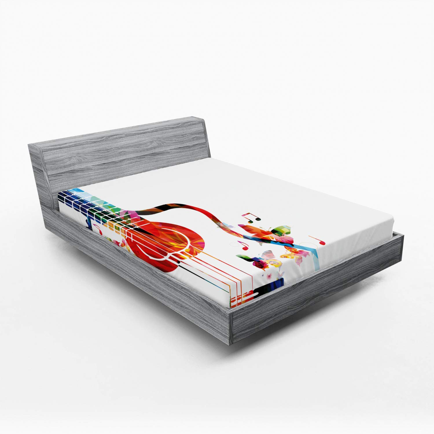 Ambesonne Guitar Queen Size Fitted Sheet - Colorful Polygonal Musical Instrument Design with Strings, Butterflies & Nature Elements - Deep Pocket All-Around Elastic Bed Cover for Comfort - Perfect for Music Lovers' Bedroom, Dorm Room or Guest Room Decor