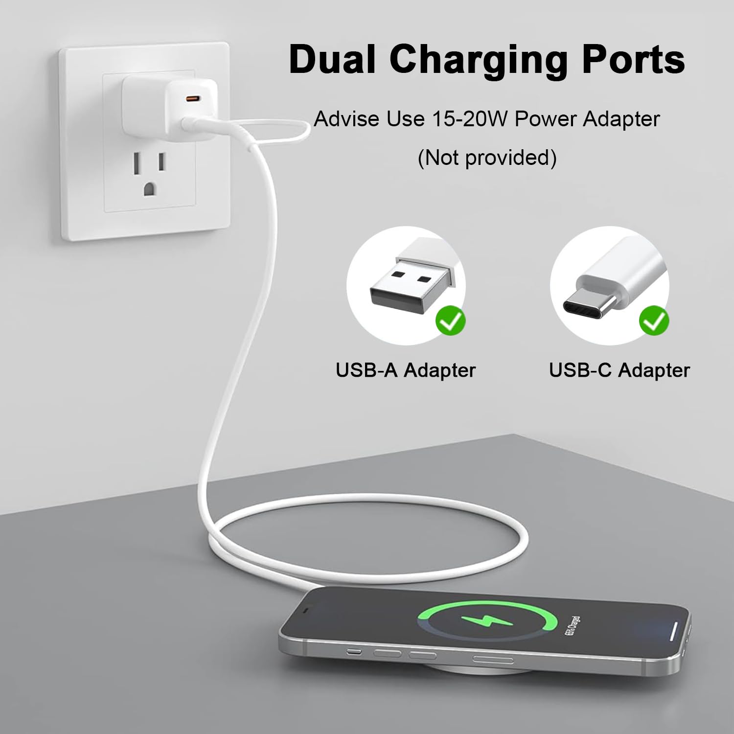 Magnetic Wireless USB-C Fast Charger with Dual Ports - 20W PD Quick Charge for iPhone 15/14/13/12/11 Series & Android Phones | Portable USB Charging Cable | Perfect for Travel, Office & Home Use (Silver)