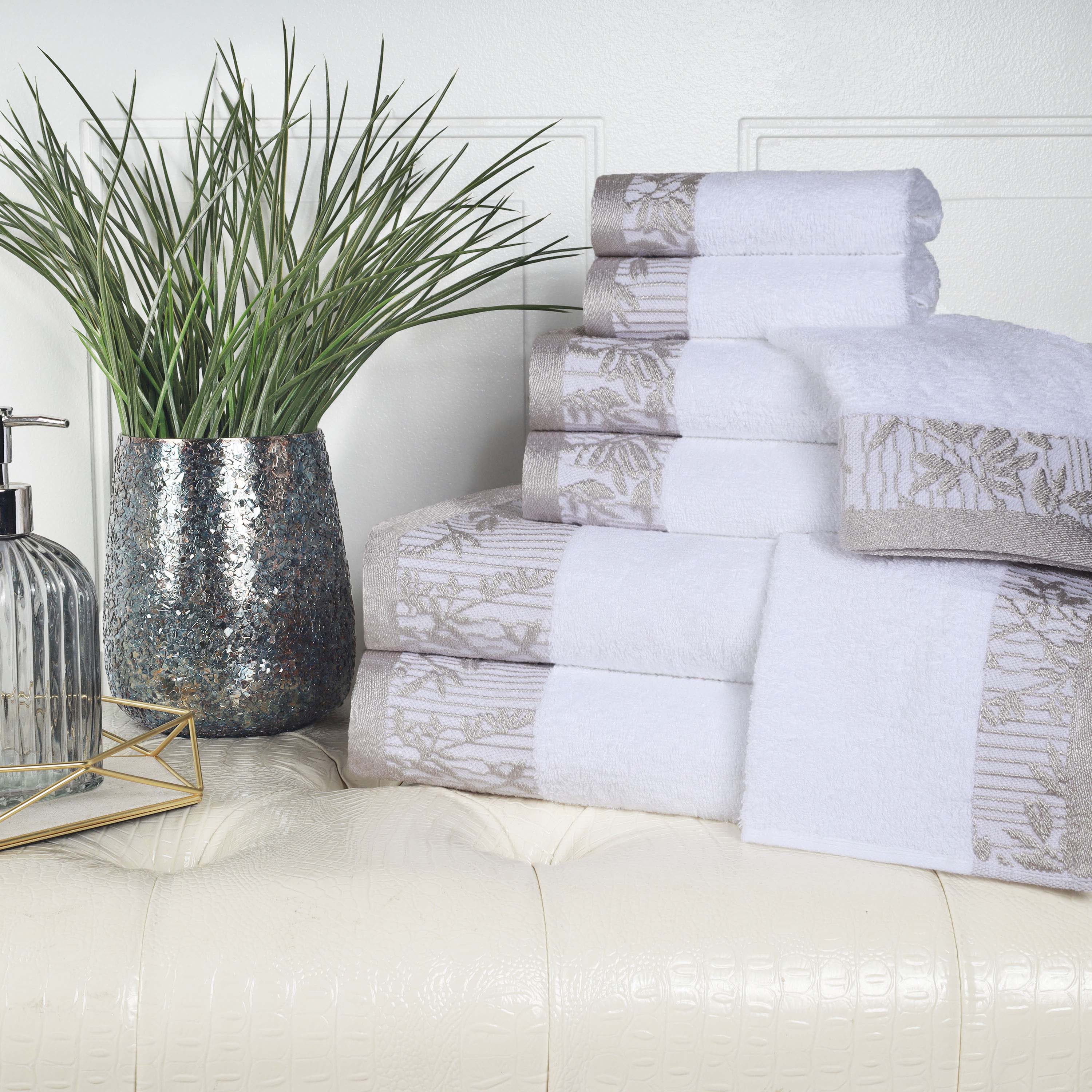 Premium Wisteria Cotton Floral Embroidered Jacquard Border 8-Piece Bath Towel Set - Soft & Absorbent for Spa, Bathroom & Guest Use