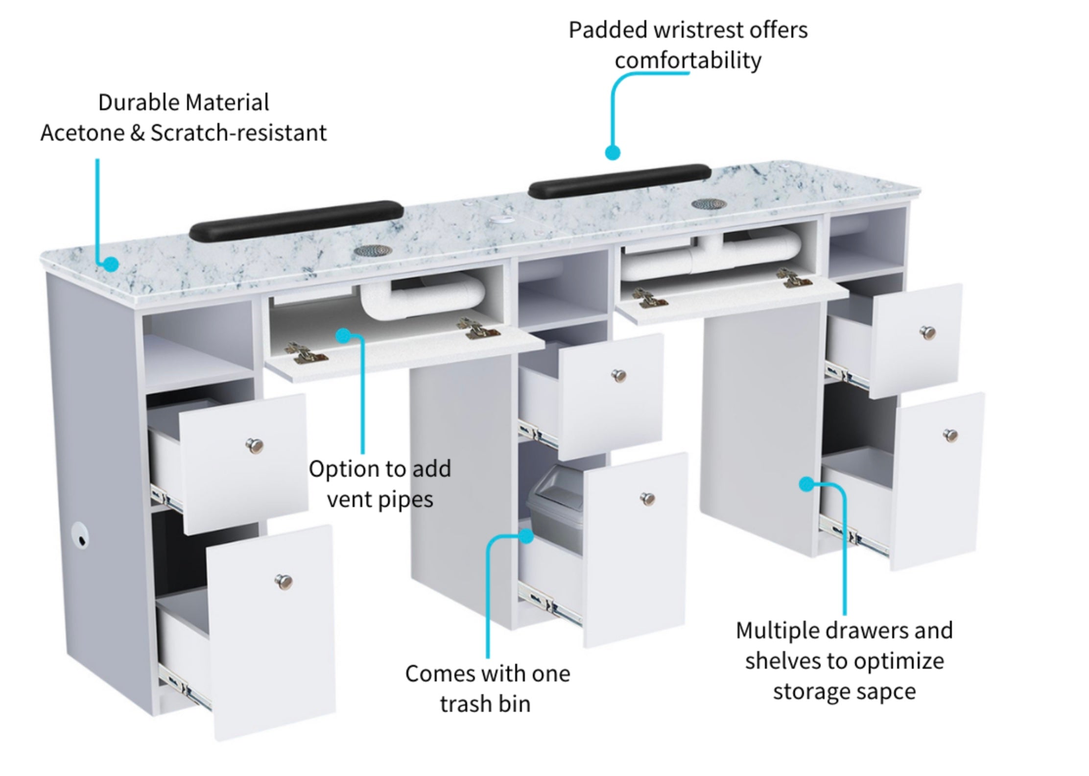 Professional Nova I Double Manicure Table for Nail Salon - Adjustable Height Manicure Station with Storage Drawers, Perfect for Nail Technicians & Spa Professionals - Ideal for Salon, Spa, Home Use & Mobile Nail Services