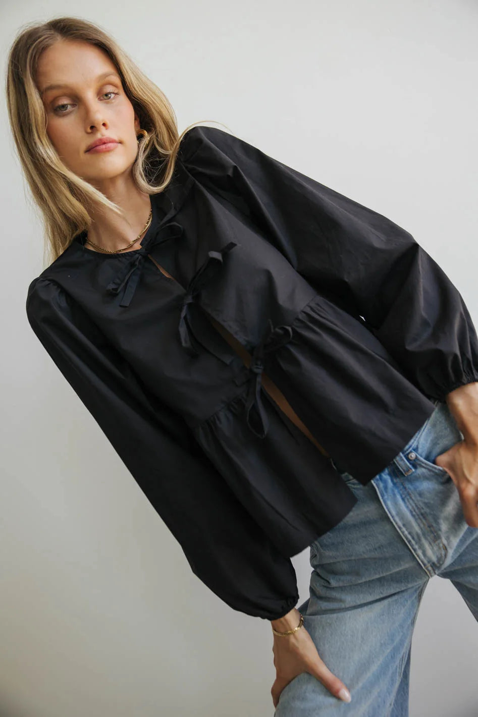 Elegant Maggie Peplum Tie Blouse in Black - Women's Fashion Tops for Work & Evening Out | FINAL SALE