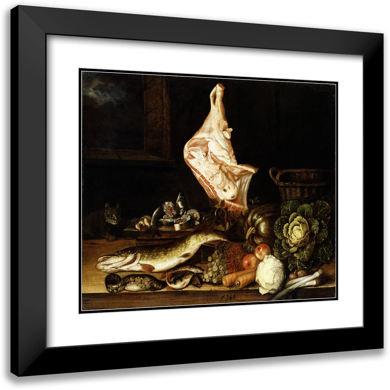 17x15 Black Modern Frame with Double Matted Museum Art Print - Still Life with a Joint of Veal, Greens and Fish by Christian von Thum | Wall Decor for Living Room, Bedroom & Office