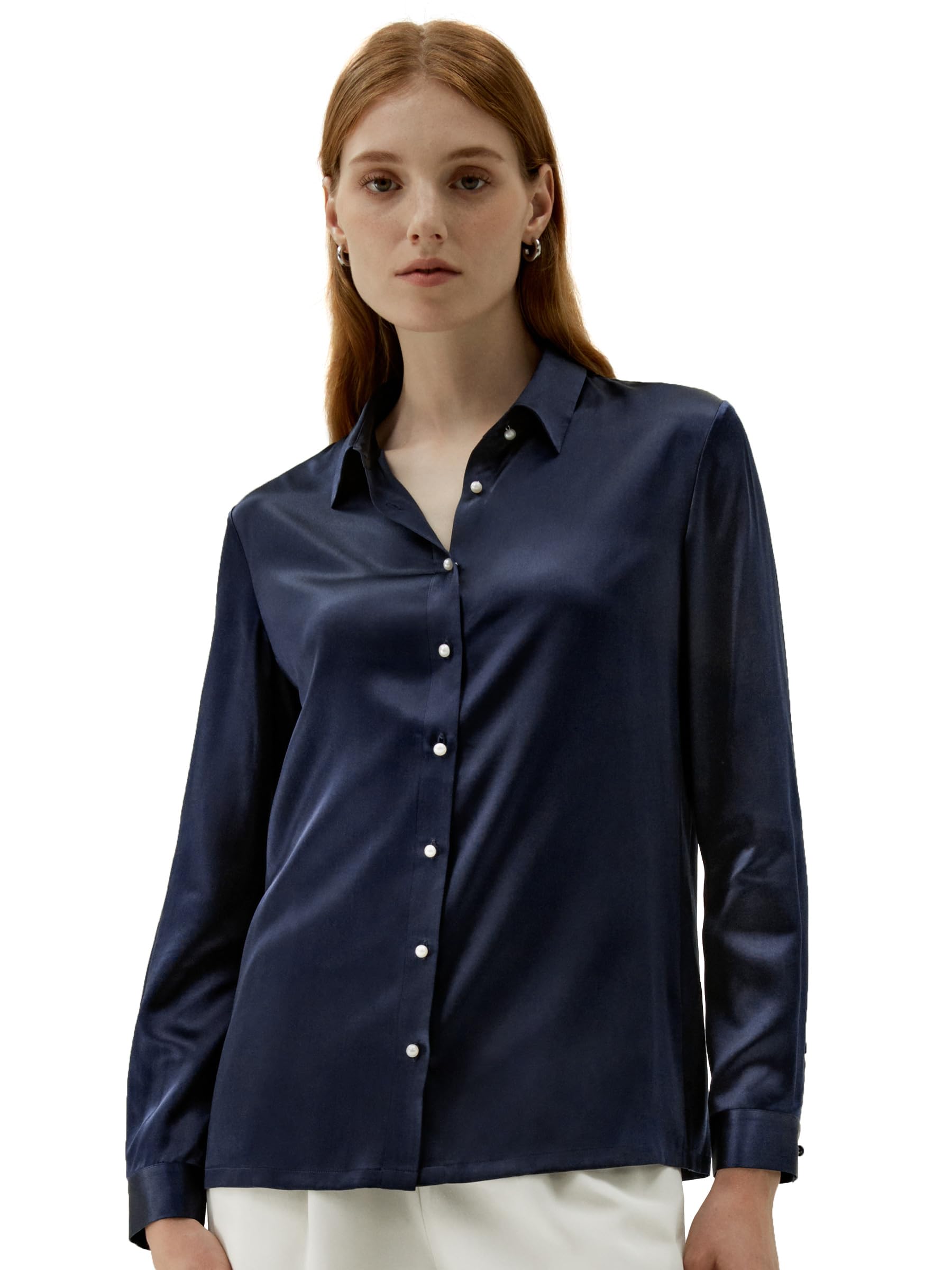LilySilk Women's Silk Blouse - Elegant Long Sleeve Pearl Button Down Shirt for Office & Formal Wear | Vintage Inspired Silk Top for Ladies | Perfect for Business Meetings, Cocktail Parties & Special Occasions