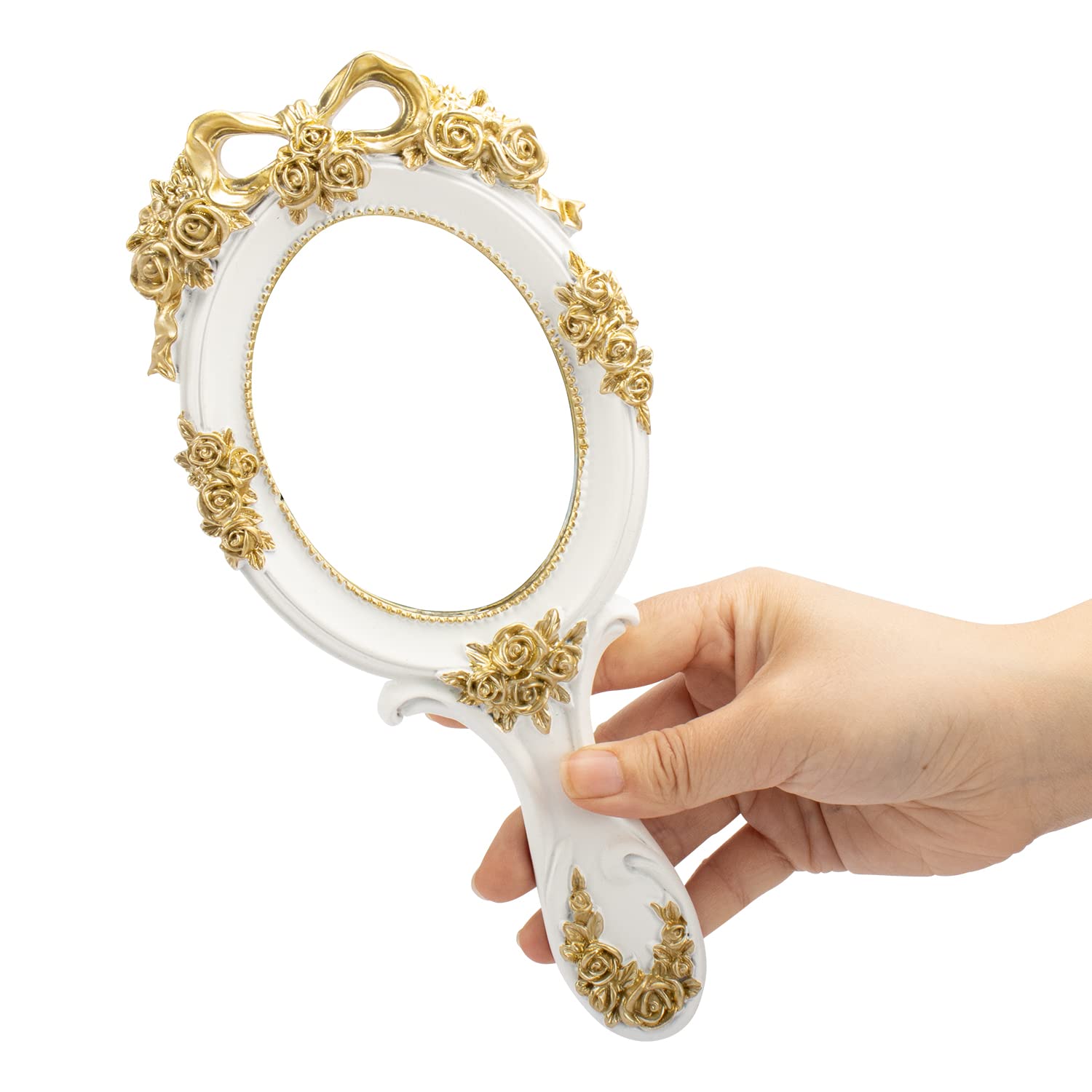 Vintage Handheld Mirror with Embossed Flower Design - Portable Makeup Mirror for Vanity, Travel & Gifts - Decorative Cute Hand Mirror in White (Perfect for Bedroom, Bathroom & Bridal Makeup)