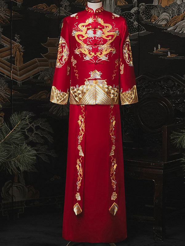 Embroidered Dragon Men's Traditional Chinese Wedding QunKwa Jacket & Skirt Set - Perfect for Asian Ceremonies, Cultural Events, and Photoshoots