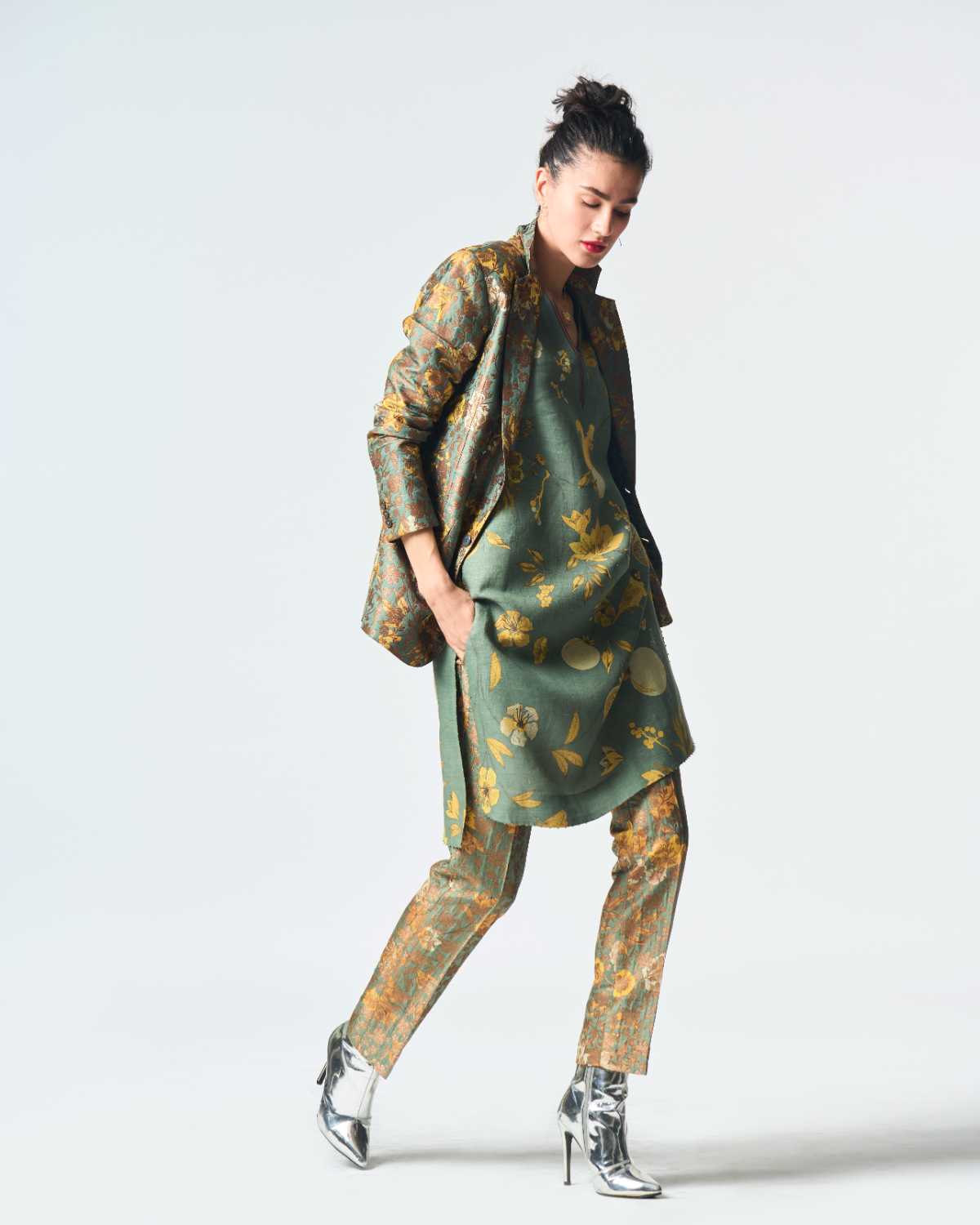 Classic Silk Brocade Trousers in Sage Green - Elegant & Comfortable Pants for Women, Perfect for Office Wear, Formal Events & Special Occasions