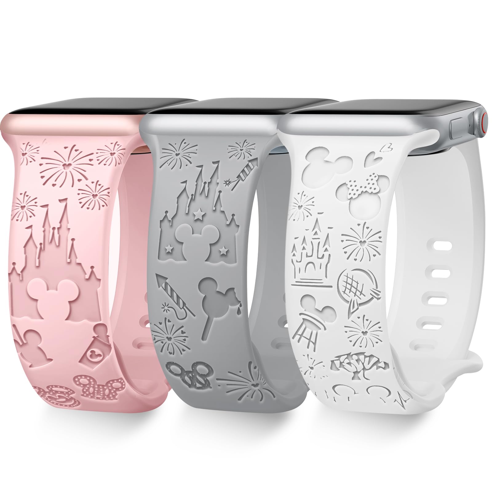 3 Pack Cute Cartoon Engraved Apple Watch Bands - Soft Silicone Strap Compatible with iWatch Series 8/7/6/SE/5/4/3/2/1/Ultra (38mm 40mm 41mm 42mm 44mm 45mm 49mm) - Fashion Wristband for Women & Girls - Perfect for Workouts, Daily Wear & Gift Giving