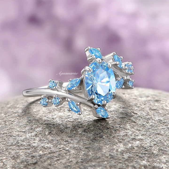 Aquamarine Leaf Fairy Engagement Ring - 925 Sterling Silver Wedding Band, Nature-Inspired Jewelry for Women - Perfect for Proposals, Anniversaries & Romantic Occasions