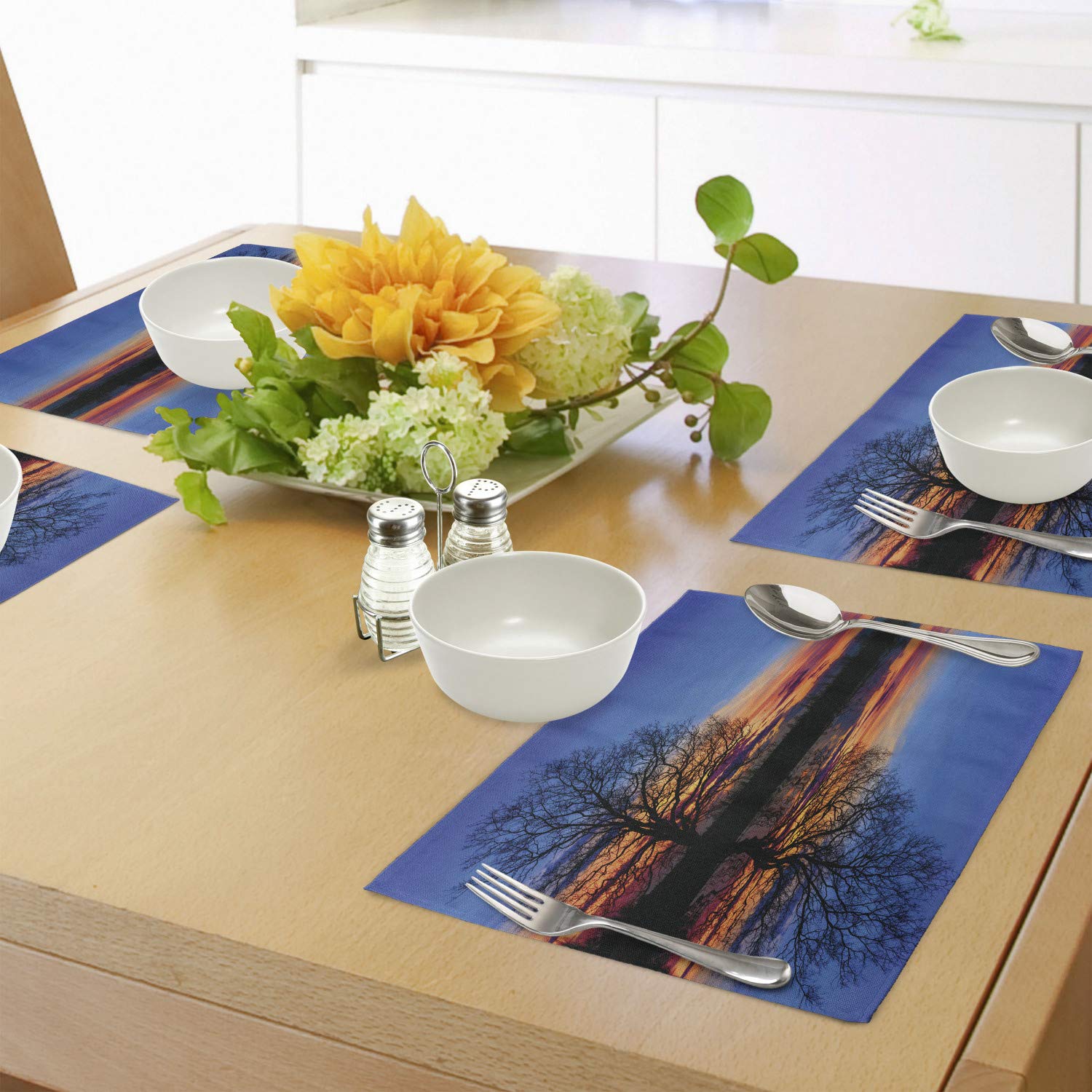 Ambesonne 4-Piece Panoramic Placemats Set - Sunset Lake Reflection with Trees, Washable Fabric Table Mats for Dining & Kitchen Decor (Blue & Orange) - Perfect for Dinner Parties, Holiday Gatherings & Everyday Meals