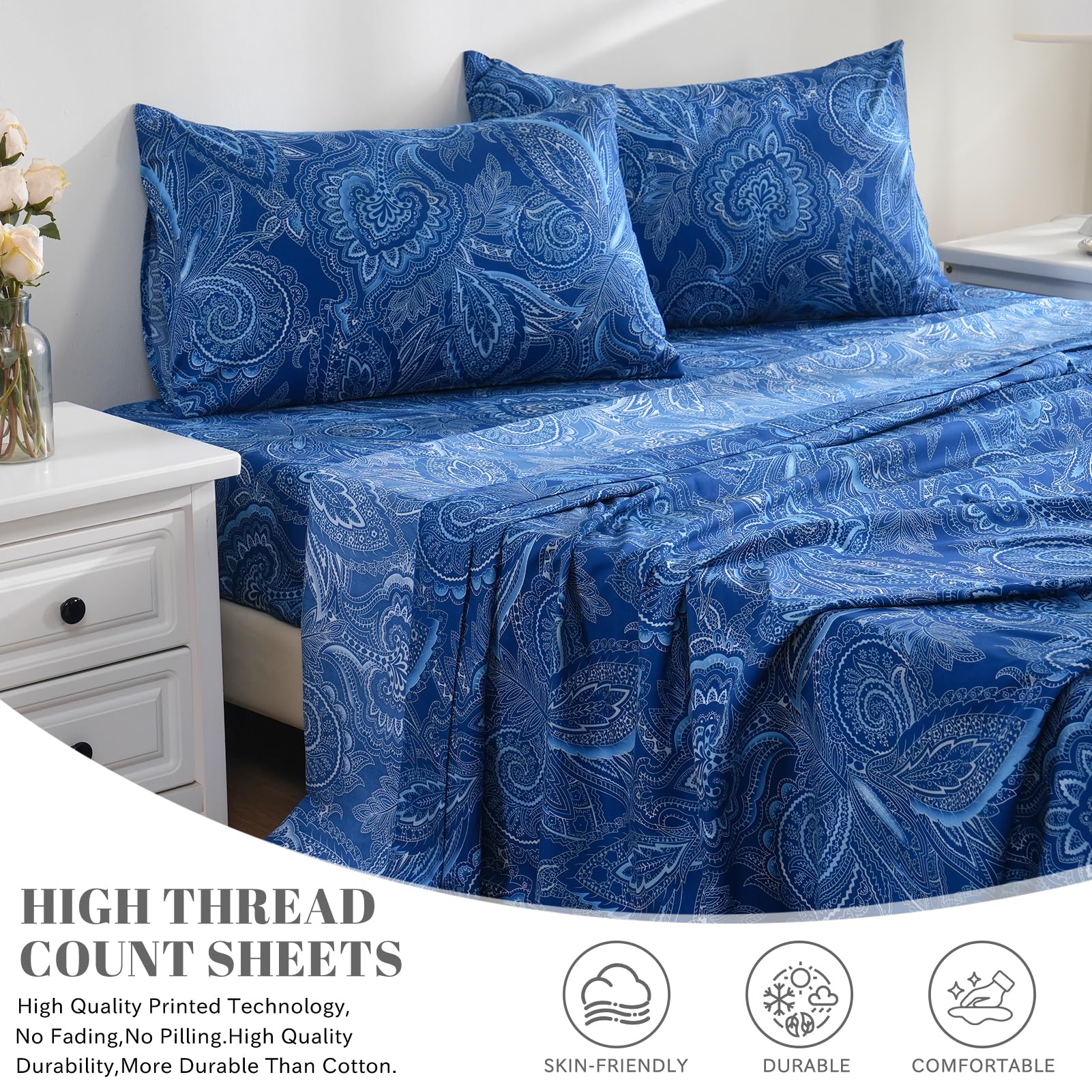 Bedlifes King Size Sheet Set - Ultra Soft & Breathable 100% Microfiber Bedding, 4-Piece Paisley Dark Navy Blue - Perfect for Luxury Bedrooms, Guest Rooms & Vacation Homes