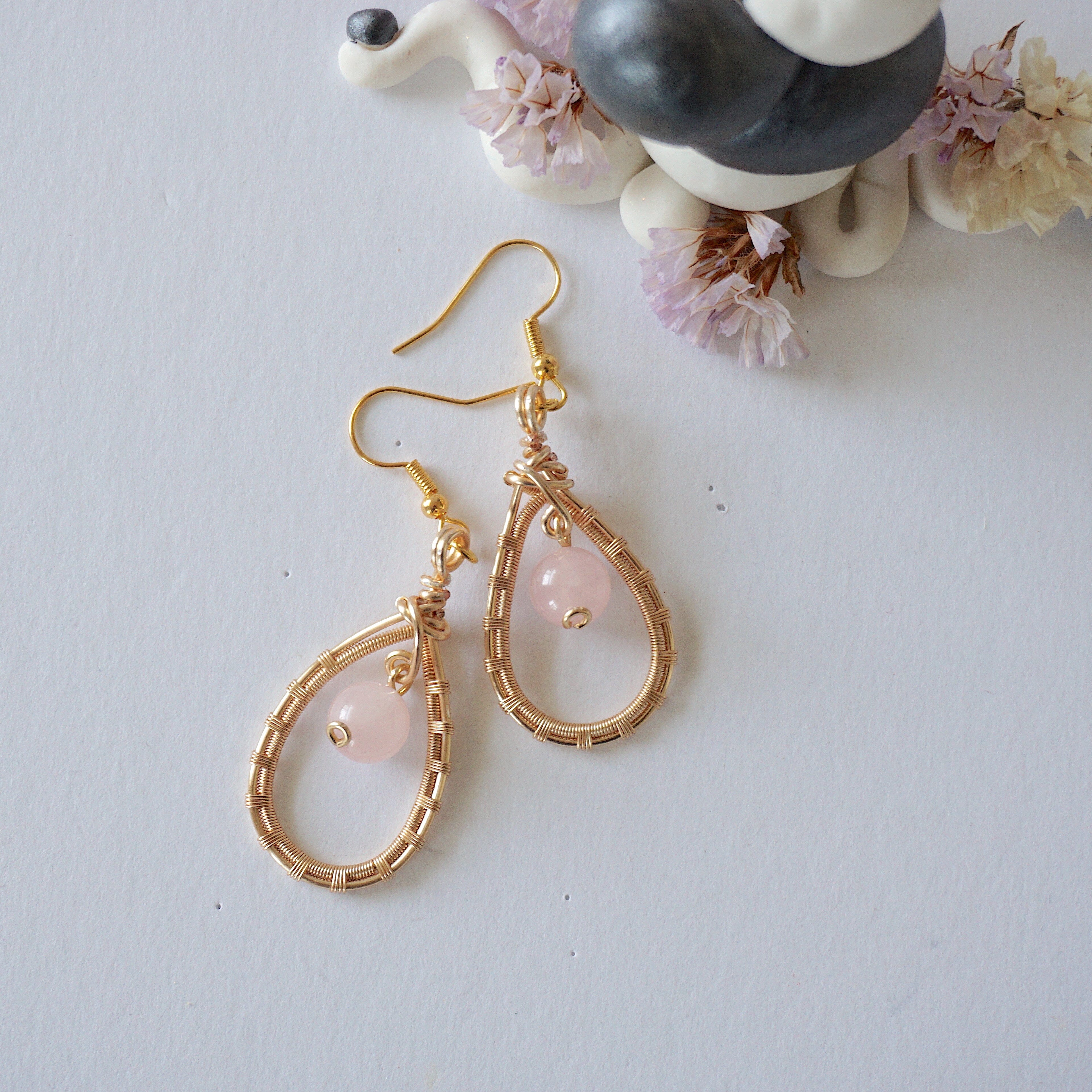 Rose Quartz Round Wire Earrings - Gold Plated Dangle Earrings for Women, Healing Crystal Jewelry Gift for Mom, Wife, Girlfriend - Perfect for Valentine's Day, Birthday & Everyday Wear