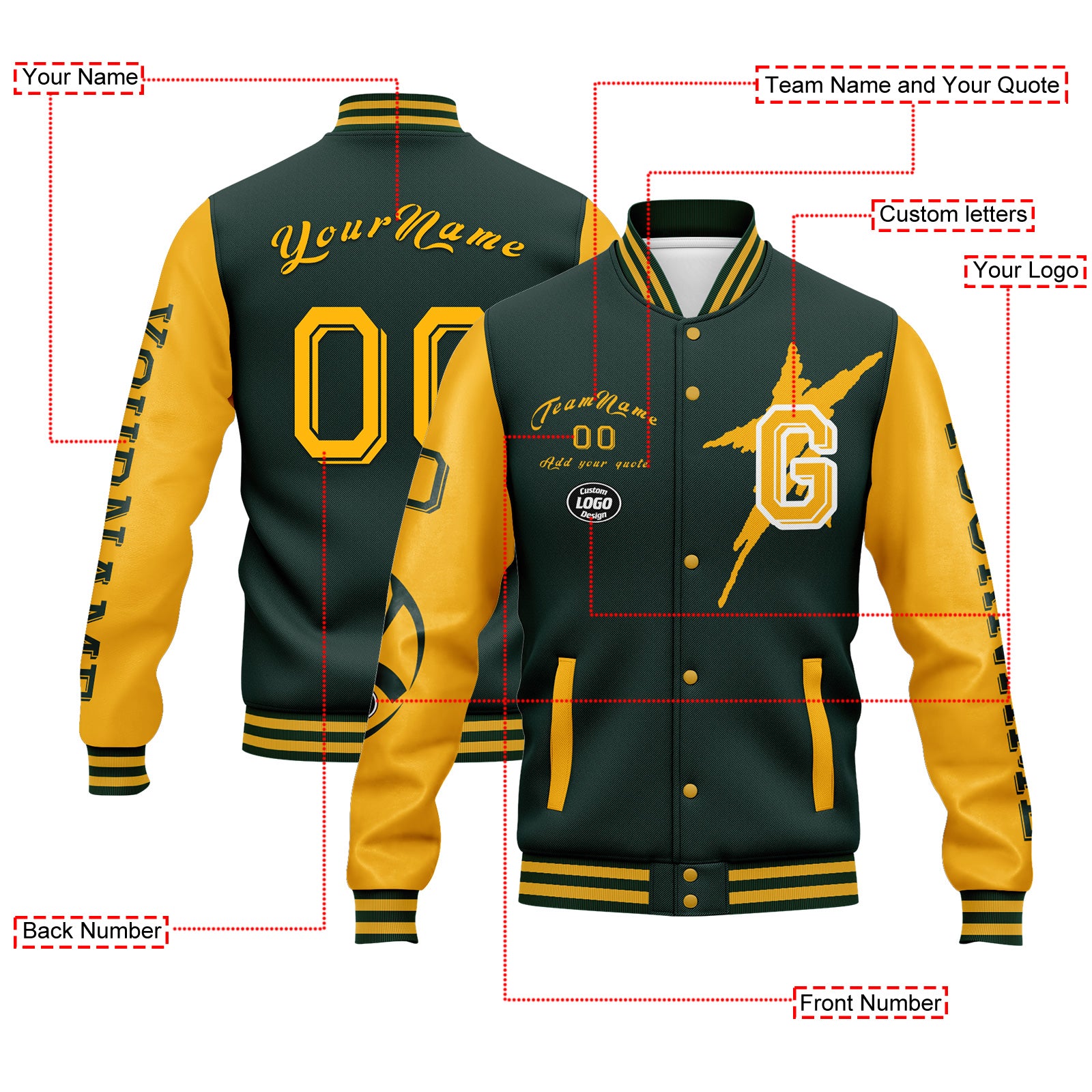 Custom Green & Yellow Green Bay Bomber Jacket - Personalized Varsity Letterman Jacket with Full Snap Closure (FZ005SX D020290) - Perfect for Football Games, School Spirit Events & Vintage Fashion