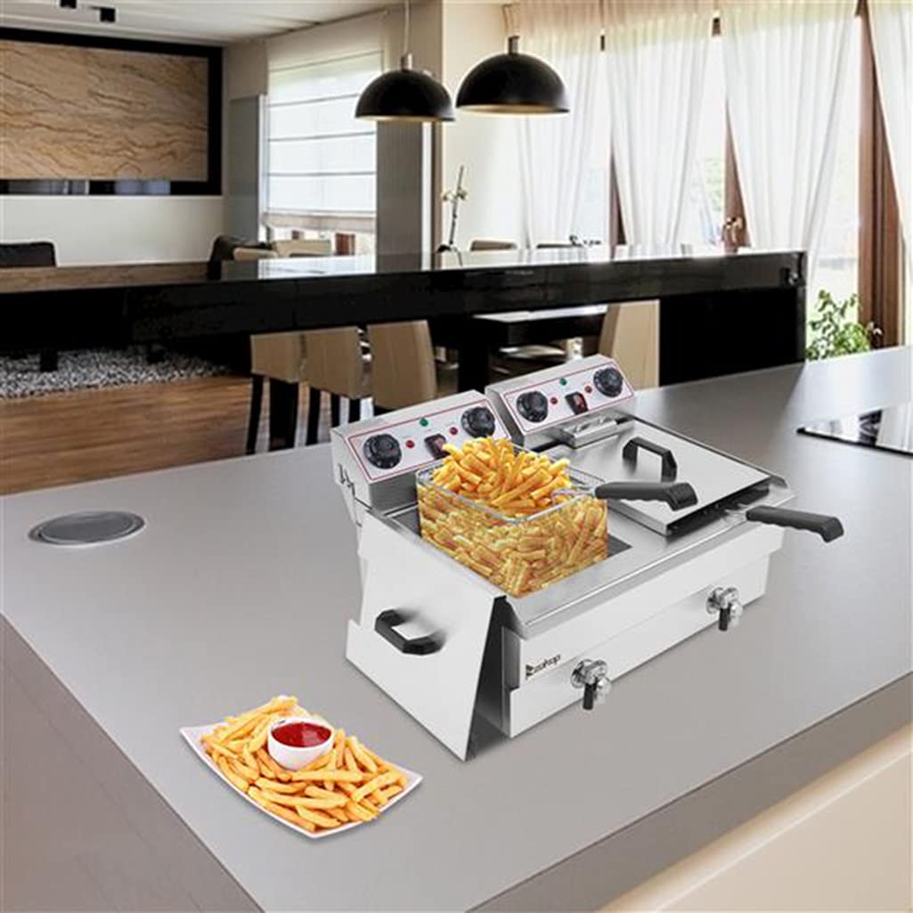 Commercial Stainless Steel Double Tank Electric Deep Fryer - 3400W 110V US Plug, 24.9QT/23.6L Capacity with 2 Baskets - Perfect for Restaurants, Food Trucks & Home Kitchens to Fry French Fries, Onion Rings, Chicken Wings & More