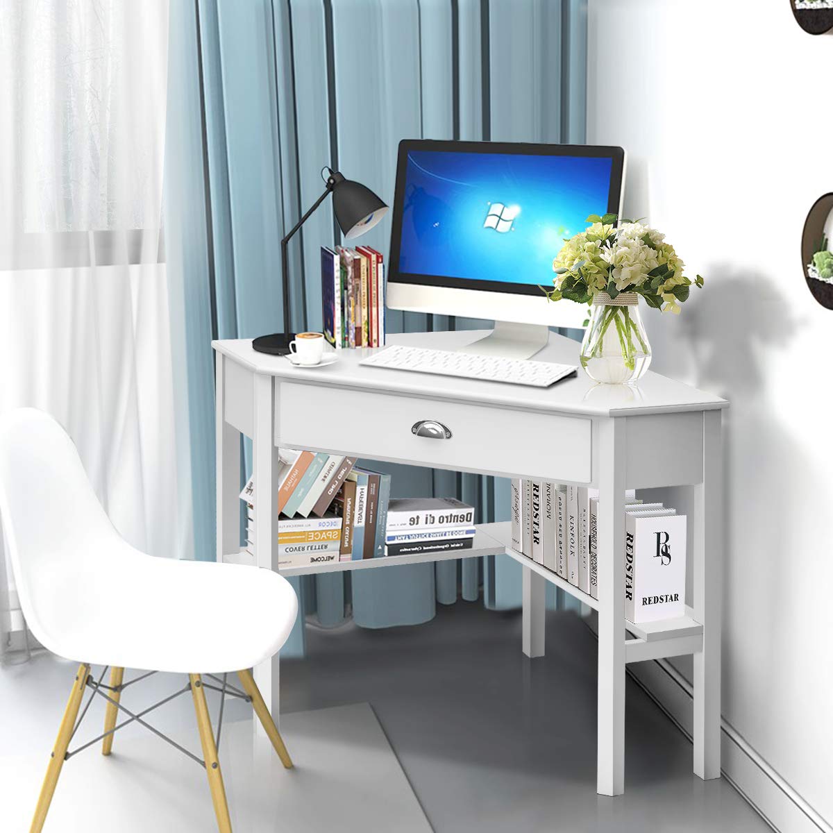 Tangkula White Corner Desk with Drawer & Storage Shelves - 90° Triangle Computer Desk for Small Spaces | Home Office, Gaming & Makeup Vanity Workstation
