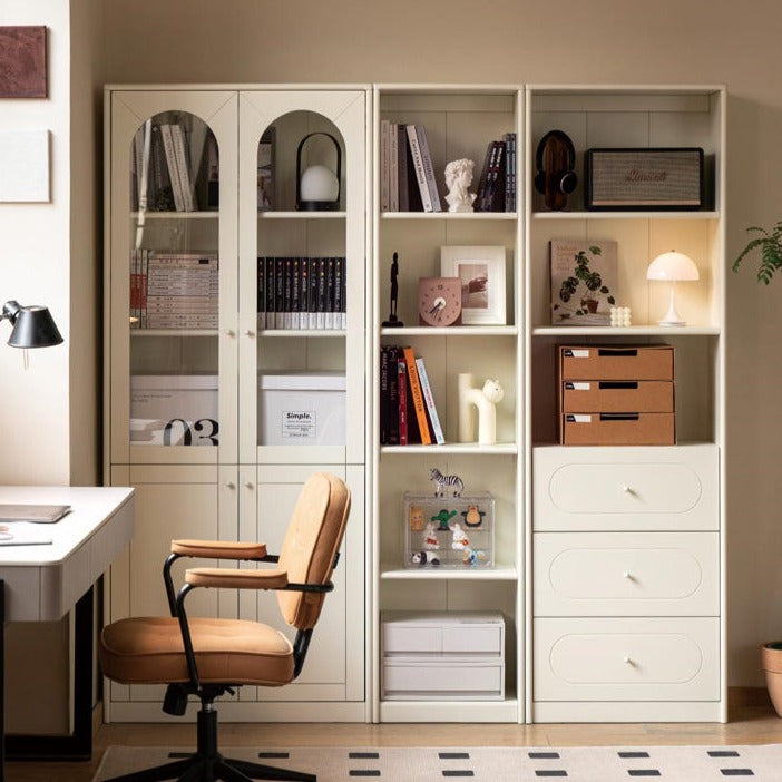 French Cream Style Poplar Solid Wood Bookcase with Glass Door - Whole Wall Combination for Living Room, Office & Library Storage